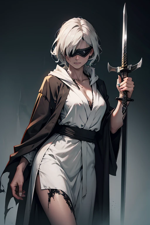 zombie lady justice, wearing blind fold, holding sword and scale, wearing robes