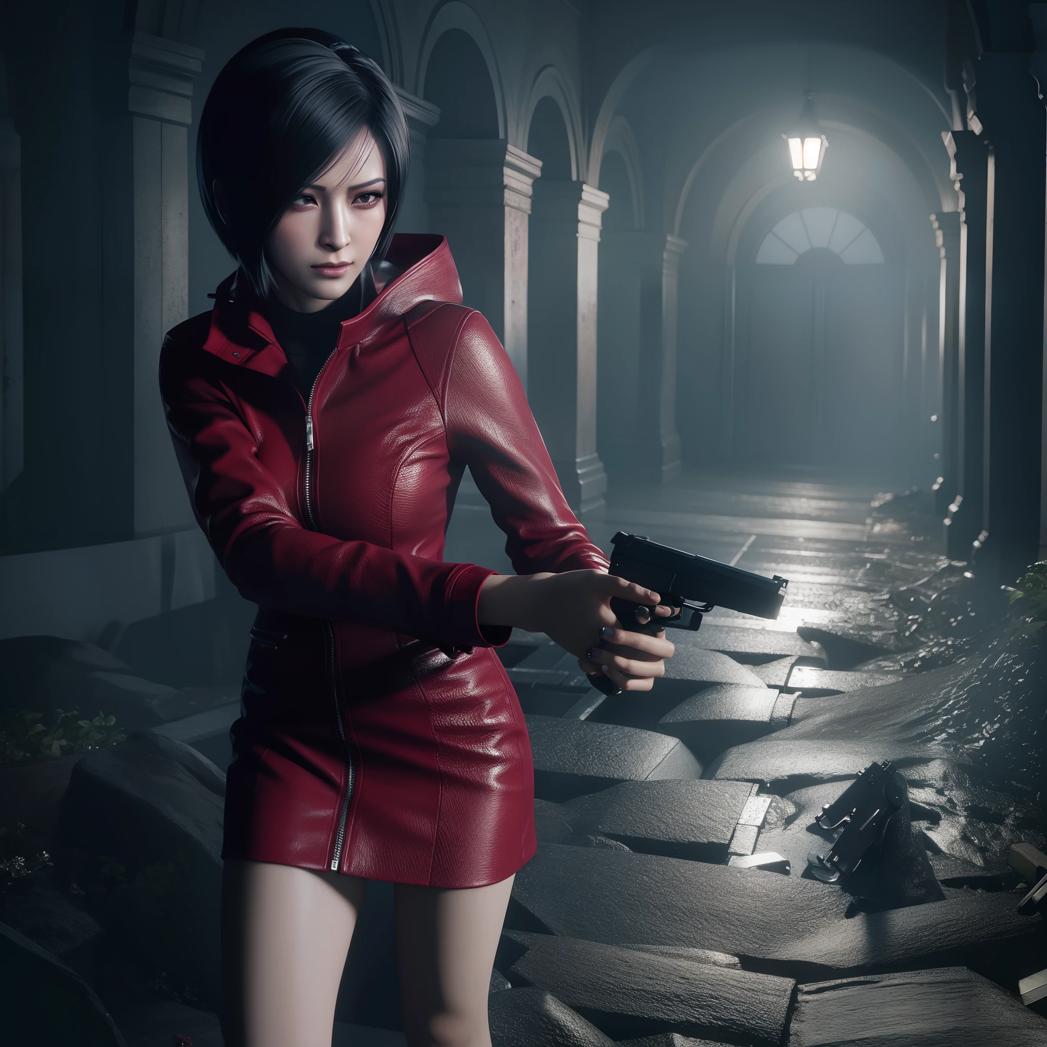 HD, ada wong, beautiful face, bob hair, red coat with black nail polish,  glare, holding a gun