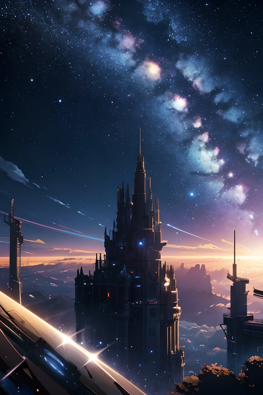 masterpiece、Background with((Fantastic starry sky、kosmos、Meteor swarm、black hole、Irridescent color))depth((planetes))、Looking up