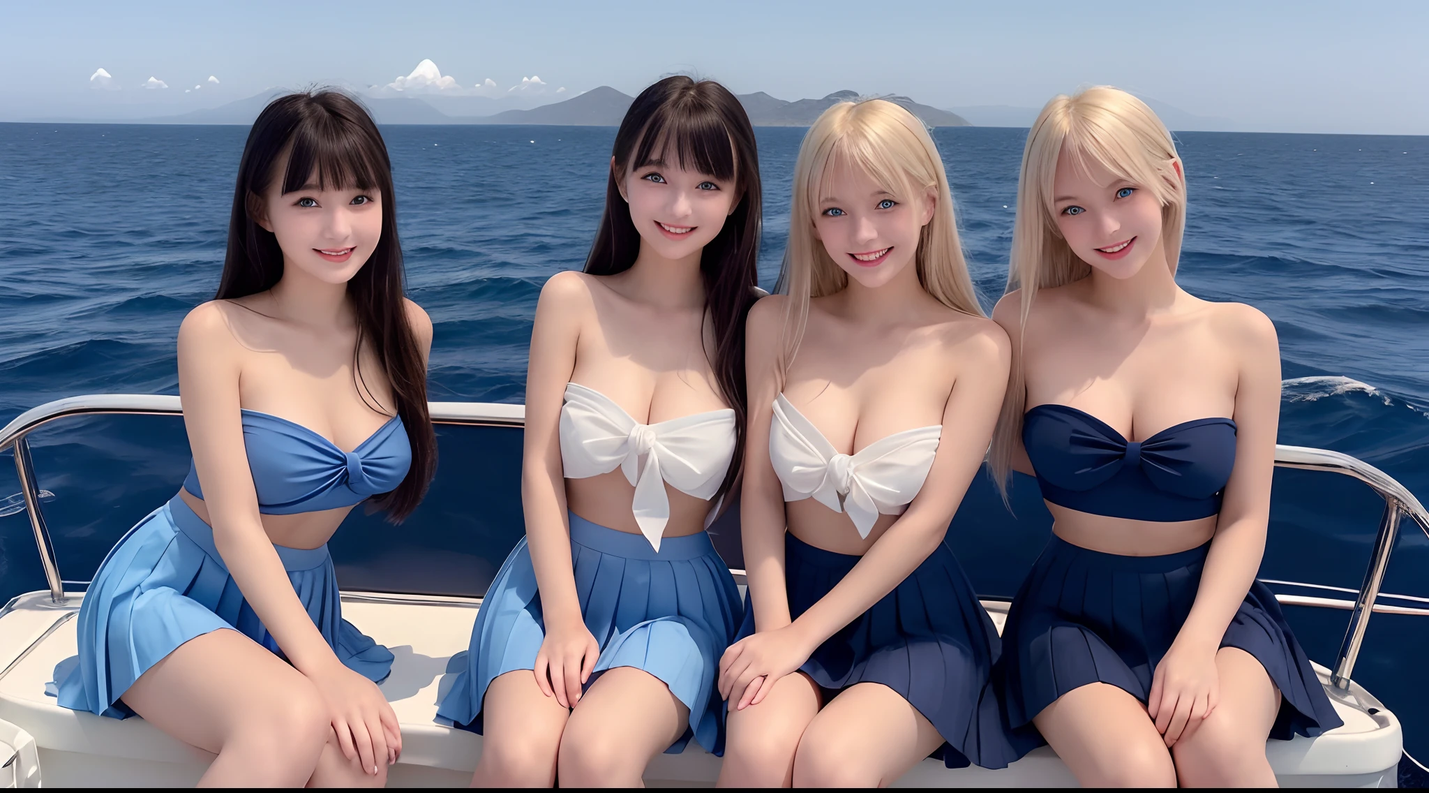 (3 female students), bright smiles, beautiful mouths, (bare shoulders), big breasts, blue eyes, pleated skirt, blonde hair, black hair, long brown hair, bangs, sitting on the bow of a luxury yacht at sea, clear blue sea (Best quality, Super detailed), (Heavenly starlight), (Wrapped in light), (Beautiful and mysterious),