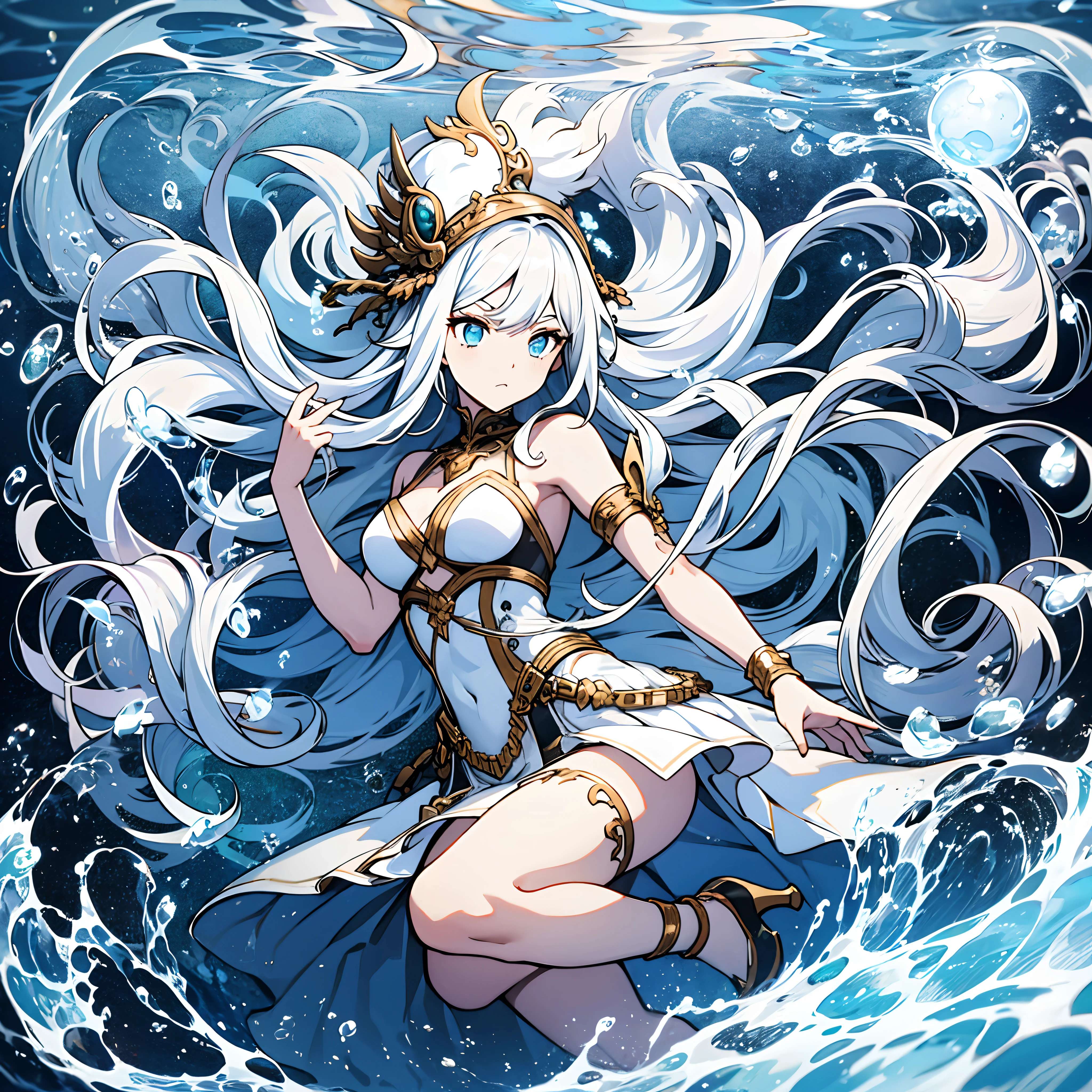 1 girl, white long hair, floating, water relflection, alternate pose