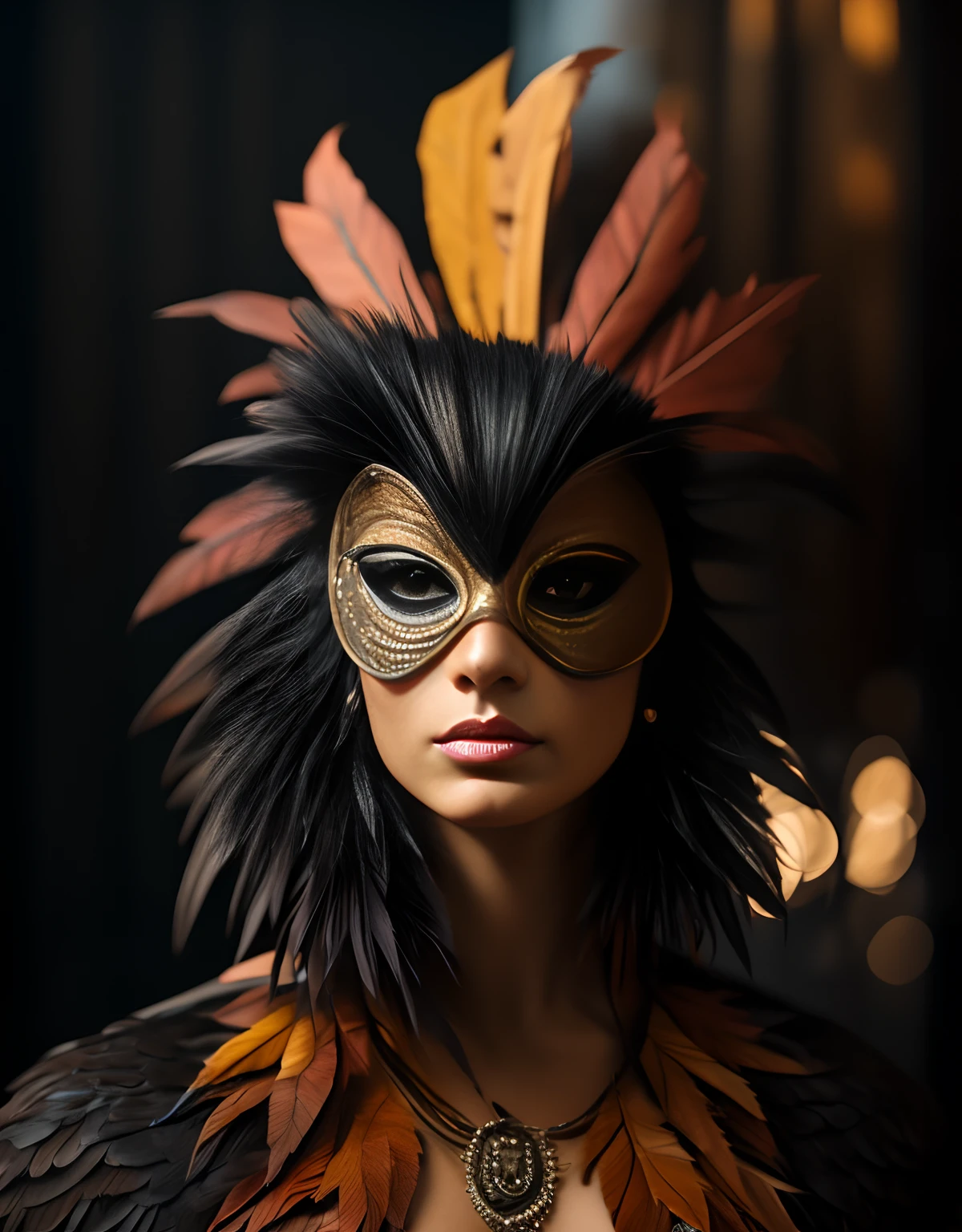 A realistic American turkey bird, Happy Thanksgiving, ultra realistic, very detailed, angry, masterpiece, 8k, portrait, sexy woman, mask party, costume party, busty, beautiful