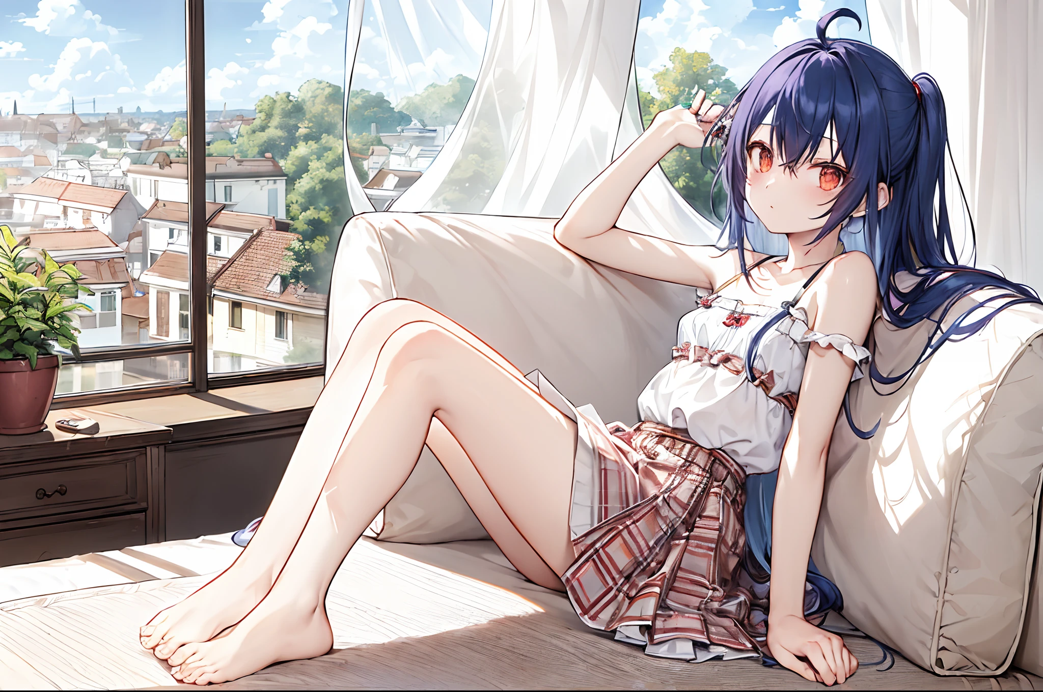 [(white background:1.5)::5],(Isometric:1.3),(masterpiece,best quality:1.2),(highres:1.1),(Highest picture quality),(master's work),facing viewer,dynamic angle,sky,cloud,
living room, couch, window, curtains, dappled sunlight, potted plant, table, cabinet,bookshelf, paper, desk lamp, typewriter, garden,
(1loli,solo focus:1.2),cute,ornament,(jewelry:0.75),(blush:0.9),(strap:0.9),barefoot,
ahoge,(disheveled hair,long hair,ruby hair,blue colored inner hair,shiny hair,shiny skin:1.1),
