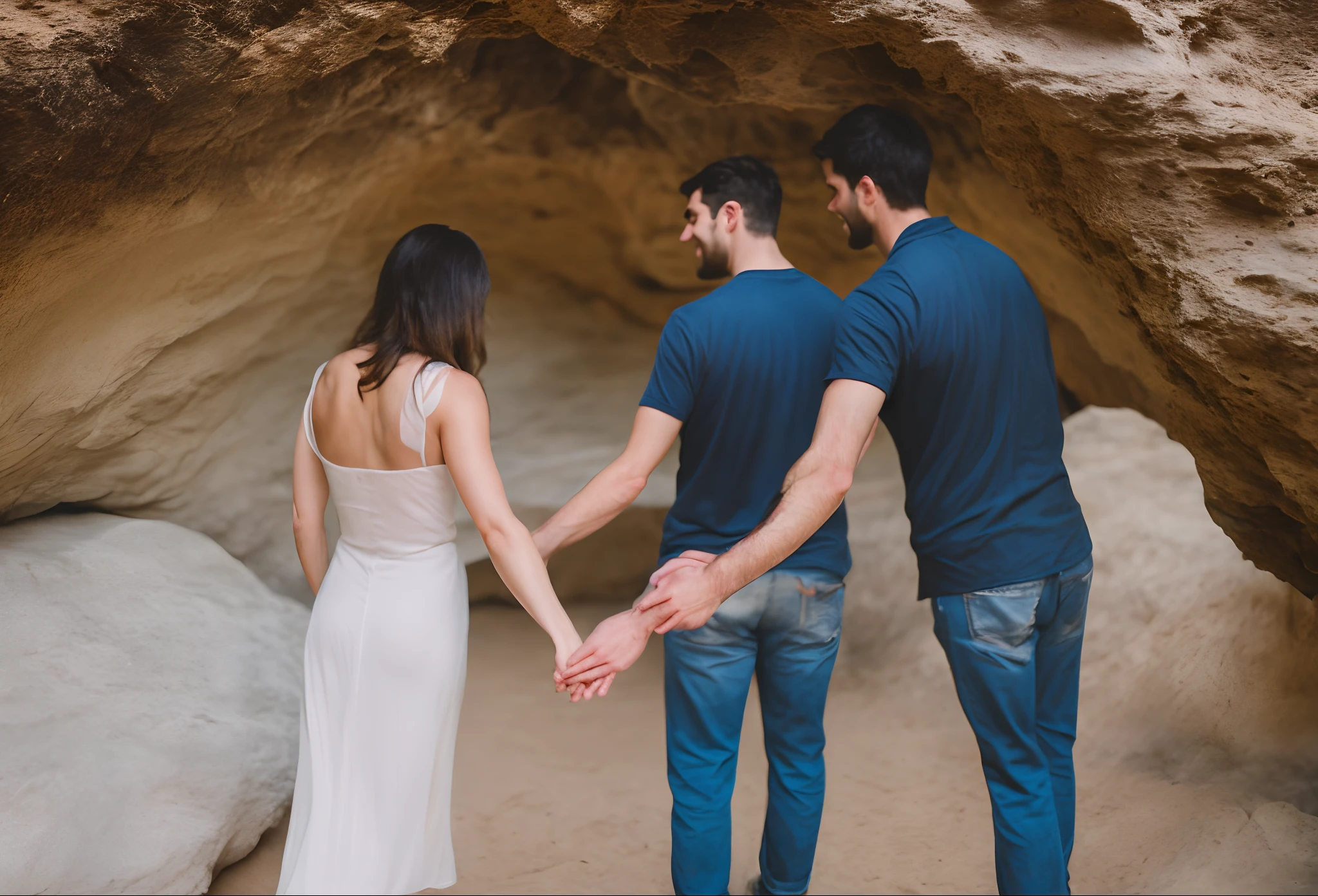 Couple holding hands in a cave
