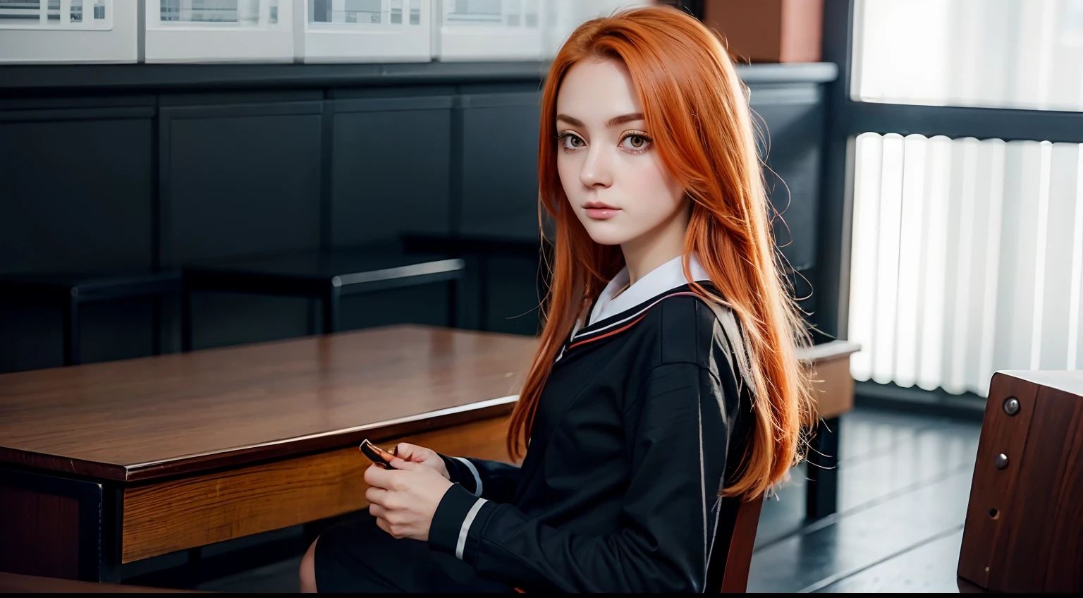 YuzuhaShiba, girl, slim, orange eyes, medium-length ginger hair, narrowly shaped eyebrows, ginger hair, black sailor uniform, classroom, detailed face, extremely beautiful face, beauty, exquisite face, detailed eyes