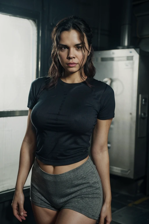 picture of a female mark ruffalo standing in an evil lair, (bruce banner wearing a plain crew neck t-shirt), (big bimbo lips), lip filler, (expressive face), small breasts, pokies, (Mark Ruffalo face), [detailed texture], [dramatic cinematic lighting]