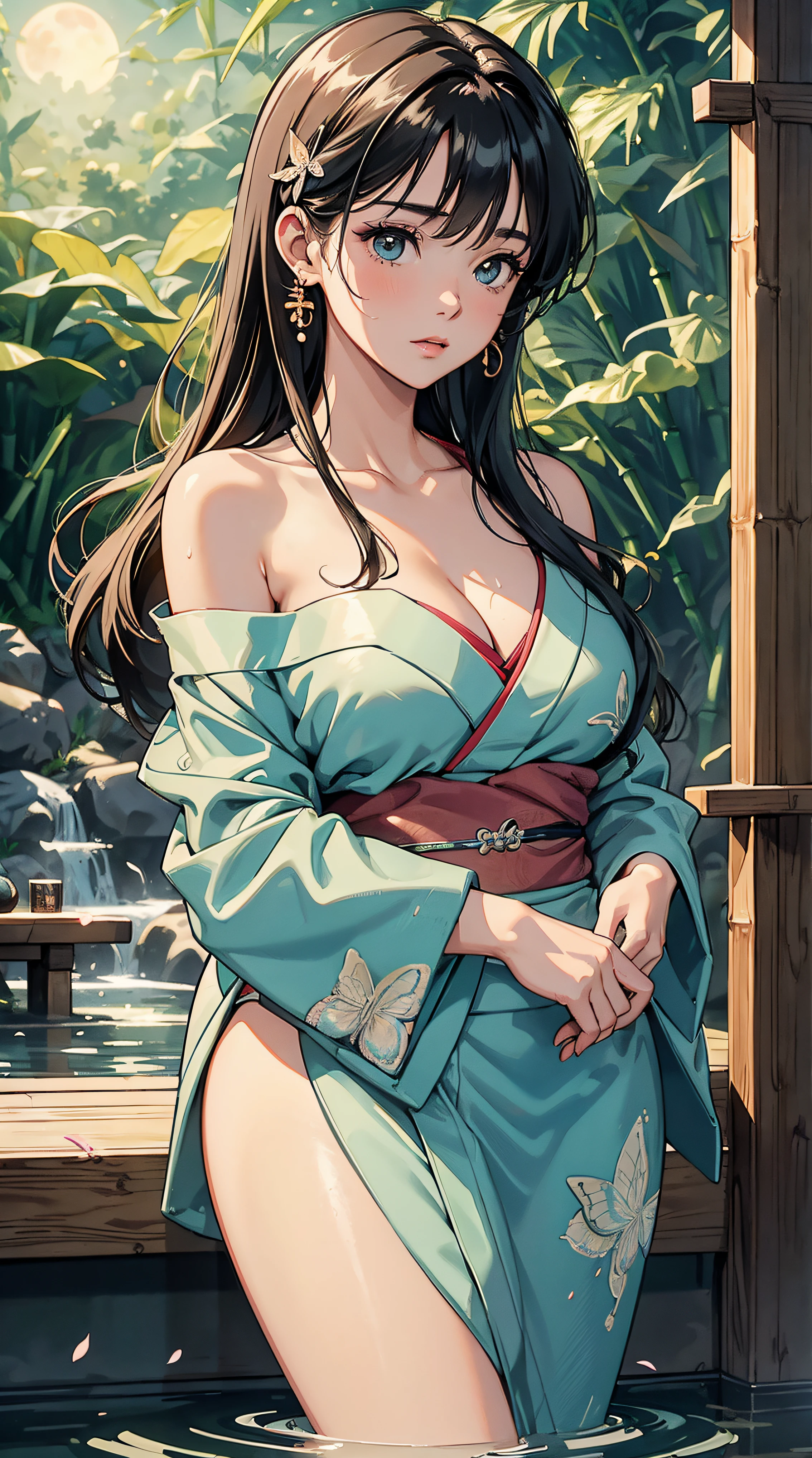 (masterpiece:1.2, best quality,top quality,epic quality,hrs,UHD), (detalhes intrincados),((head tilts,wet skin,soaked body,)) 1lady, solo,minimal makeup, tecidos naturais,innocent, cara travessa,((rich background,moon glare, god rays,perspective from above,)) ((outdoor,misty onsen,bamboo forest,stream,butterfly)),(natural maroom hair, gem hairclip),{long hair|sidelocks|Clearly visible strands of hair|long bangs|natural curved},claros, franja, franja na testa,natural pupils,saia plissada, (((sagging breasts,slender,thicc))), face madura, detailed face, ((ultra-detailed, lovely,))(zentangle:1.2), (geometric:1.2), ((((bare shoulders,large kimono,loose kimono,spiral towel,filigree,))))ray tracing,dynamic lighting,god lighting,god ray,unbelievable Ridiculous,))(Beautiful and aesthetic: 1.2),((,Brilliant,unbelievable Ridiculous quality,)),((extremely_Detailed_Eyes_and_face)),Ultra-precise depiction, Ultra-detailed depiction,Bokeh (60mm Shot),(((Delicate fingers and hands:0.55))::0.85))),(Detailed fingers),(dynamic swinging),complex scene, flower petals, front portrait shot,epitomizing alluring beauty of traditional (japanese beauty), gorgeoussacred girl, ultra detailed,beautiful face , beautiful lighton black background, Character stvle renderedby Octane,