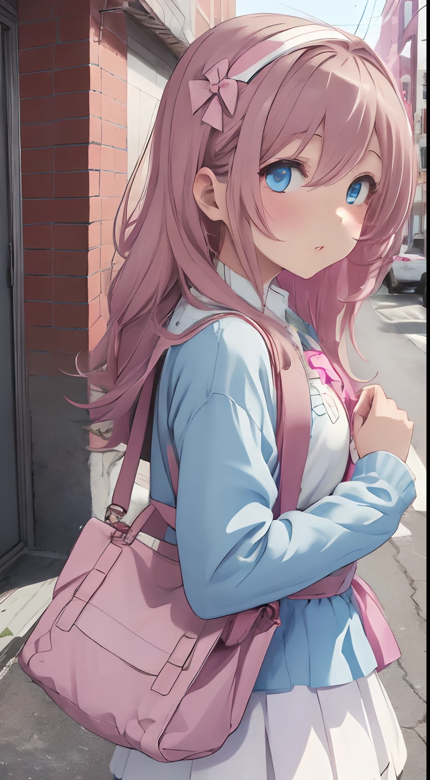Urban streets,Fluffy brown and pink mixed hair,Blue eyes,White skirt with plenty of frills,Holding a map in one hand,Bukabuka Tops Clothing,Light blue, yellow, Orange and green,Long sleeves with a sense of transparency,Clothes are out of place,Hair Band,Boston Bag&Carry Bag,SEX,AHE Face,The back is visible,Pulling up your hair,Looking back, It has a lustful look,Face waiting for a kiss,Pleasant look,Sleepy face,heart mark,Smokexxx,red tide,