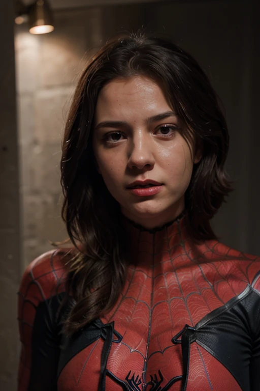 picture of a girl in a tom holland spiderman costume, girl wearing spiderman costume, expressive face, (Tom Holland face), evil lair background, surprised tom holland facial expression, natural breasts, busty, (tom holland face), [detailed texture], [dramatic cinematic lighting]