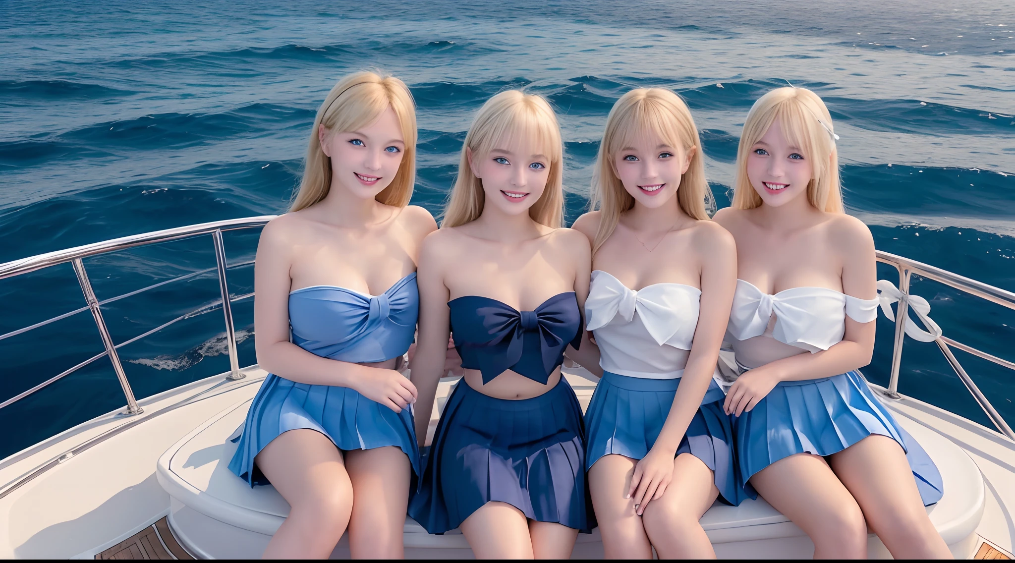 (3 female students), bright smiles, beautiful mouths, (bare shoulders), big breasts, blue eyes, pleated skirt, blonde hair, black hair, long brown hair, bangs, sitting on the bow of a luxury yacht at sea, clear blue sea (Best quality, Super detailed), (Heavenly starlight), (Wrapped in light), (Beautiful and mysterious),