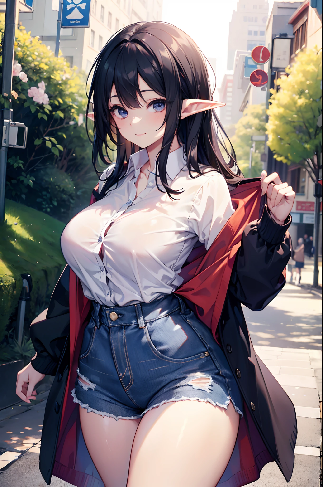 Realistic and detailed image of an elf. Dressed in a Cardigan coat and baggy shirt. Denim mini shorts. Long, silky black hair and long eyelashes. Large breasts, slim waist, very wide hips and thick thighs. Smiling. Back arched. Posing sensually. Park with Ceresos sakura. Volumetric light. Ambient light.