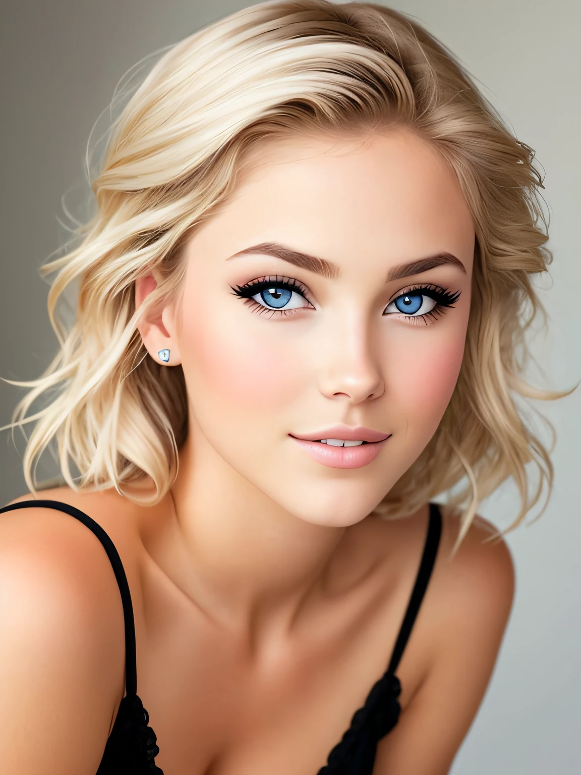 Belle fille sexy avec des cheveux blonds soyeux, very cute face, Beaux yeux clairs