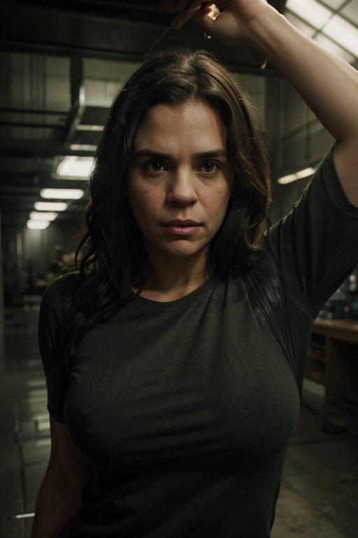 picture of a female mark ruffalo standing in an evil lair, (bruce banner wearing a plain crew neck t-shirt), (big bimbo lips), lip filler, (expressive face), small breasts, pokies, (Mark Ruffalo face), [detailed texture], [dramatic cinematic lighting]