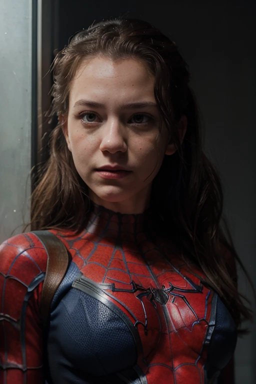 picture of a girl in a tom holland spiderman costume, girl wearing spiderman costume, expressive face, (Tom Holland face), (evil lair background), surprised tom holland facial expression, natural breasts, busty, (tom holland face), [detailed texture], [dramatic cinematic lighting]