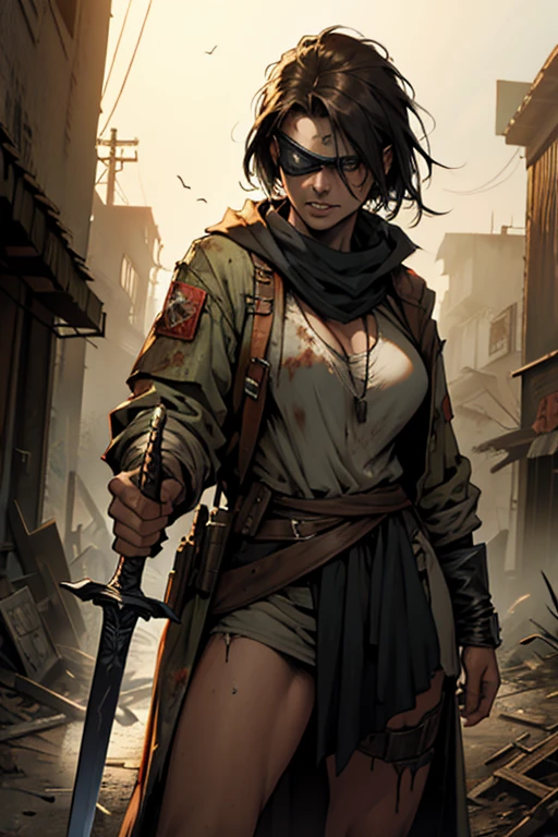 zombie lady justice, wearing blind fold, holding sword and scale, wearing robes, post apocalyptic, style of Simon Bisley.