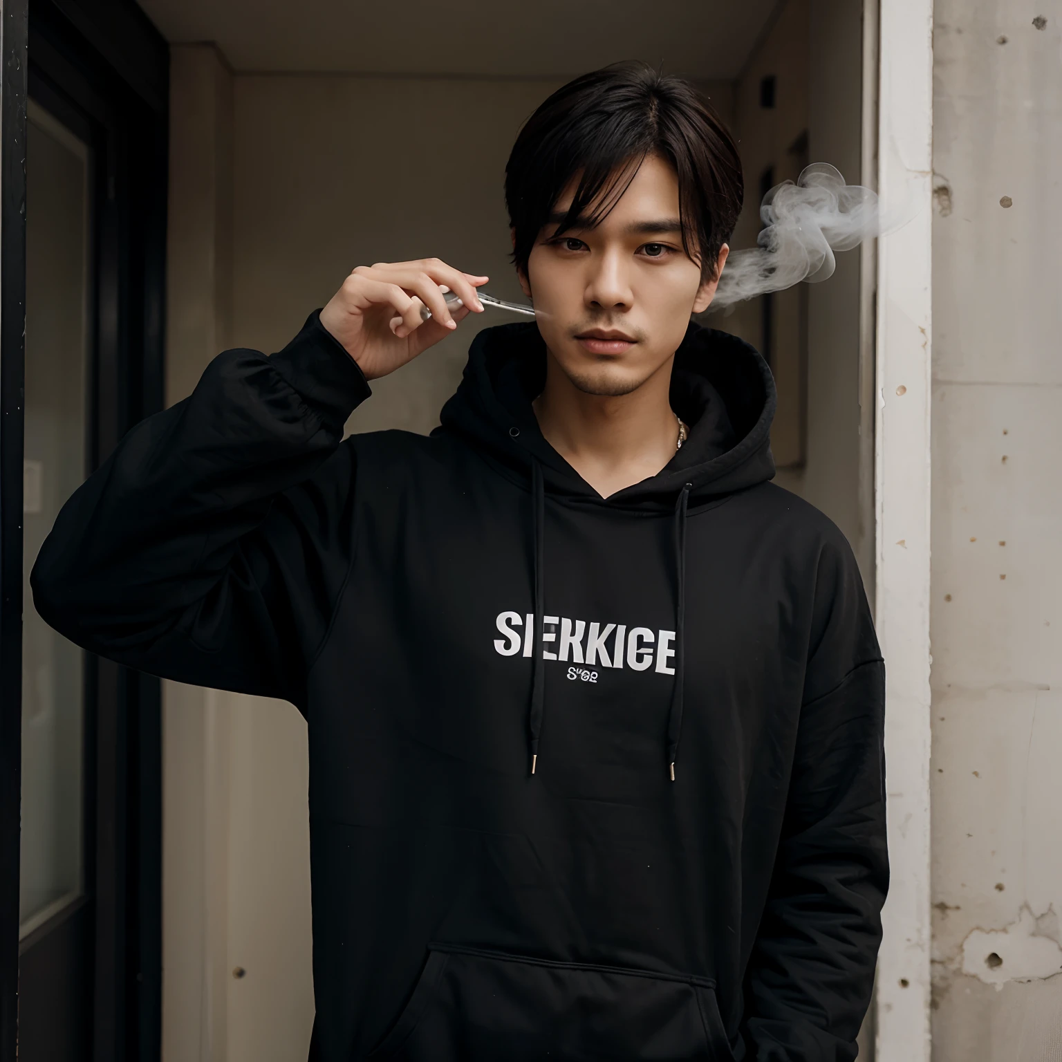 smoking guy wearing a black hoodie with curtain style hair korean style