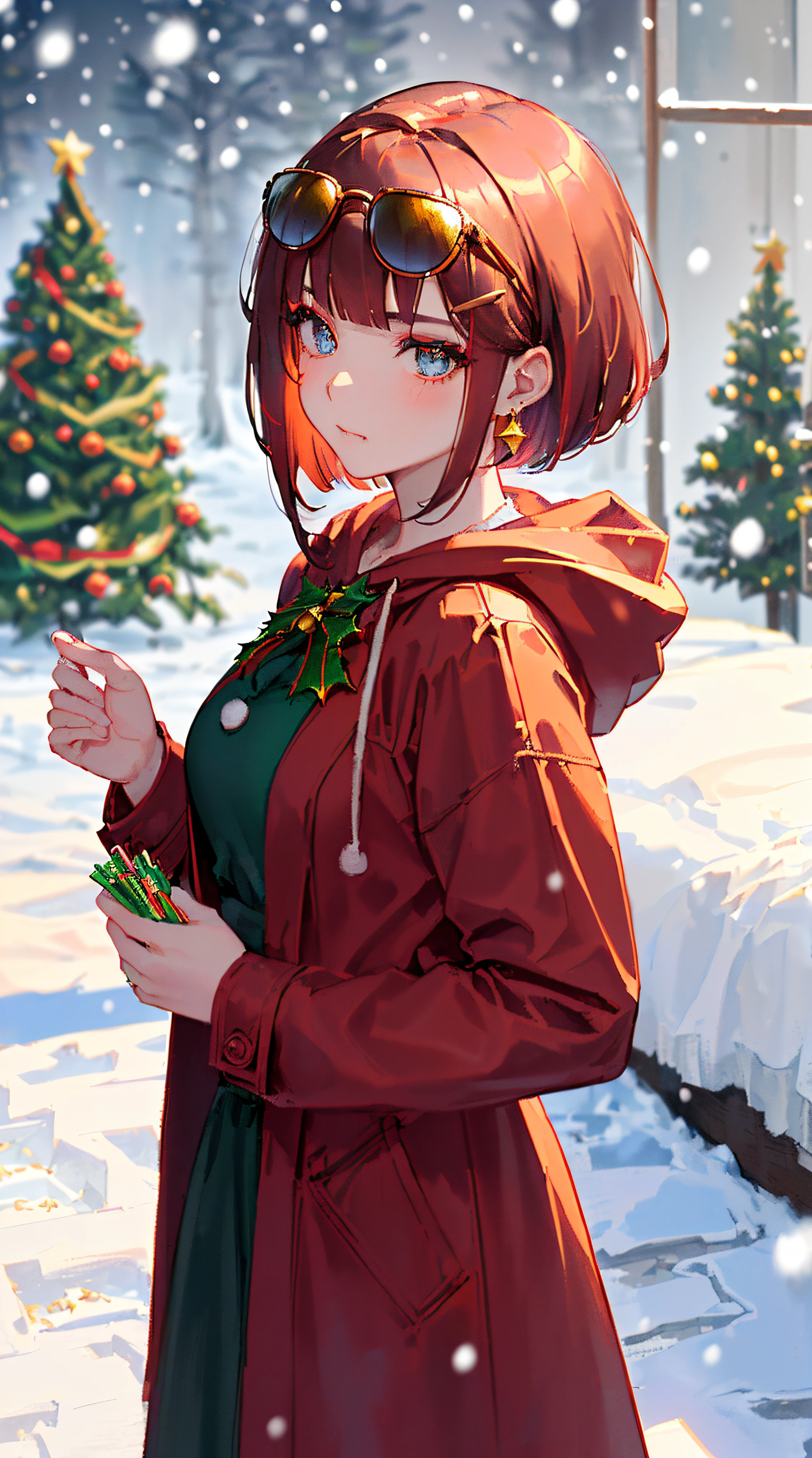((((christmas theme,meticulous portrayal of face，1 noblewoman，a matural female，))))(pink dress long coat，)(dark night background+,perfect background)，Prom，Court etiquette，  s the perfect face， Perfect lips， perfect  eyes,)(((opera style,red hair,baggy coat,large hoodie,eyewear on head)))，((1lady,adorable korean mixed race of Saudi Arabia girl，rosto magro，Solo,smokey makeup,smug,))(Masterpiece,Best quality, offcial art, Beautiful and aesthetic:1.2),((超高分辨率,Golden ratio,)) (16k),((((christmas trees,snowing,intense shadows,strong rim light,))))((melon face，from above，1JK,ring bells,candy sticks)),(Physically-based rendering),Amazing,Sharp focus, (((highdetailskin,))),Intricately detailed clothing，red pupils,Hexagram pupils,intricate pupils,((((detailed hair|short hair|long bangs|blunt bangs)))),((Slender,))(masterpiece sidelighting),(The sheen),(beautiful hair,beautiful eyes,）[[Delicate fingers and hands:0.55]::0.85],(Detail fingers),(((Superior quality)))),((unbelievable Ridiculous,)),((extremely_Detailed_Eyes_and_face)),Movie girl,(Dynamic configuration: 1.2),Brilliant,Beautiful lady, (Photorealistic),( maple,), mitts, triangle crystal earrings, ((hairclip)), Light particles, view to the sky,  petals, Side Rock,, two-sided fabric