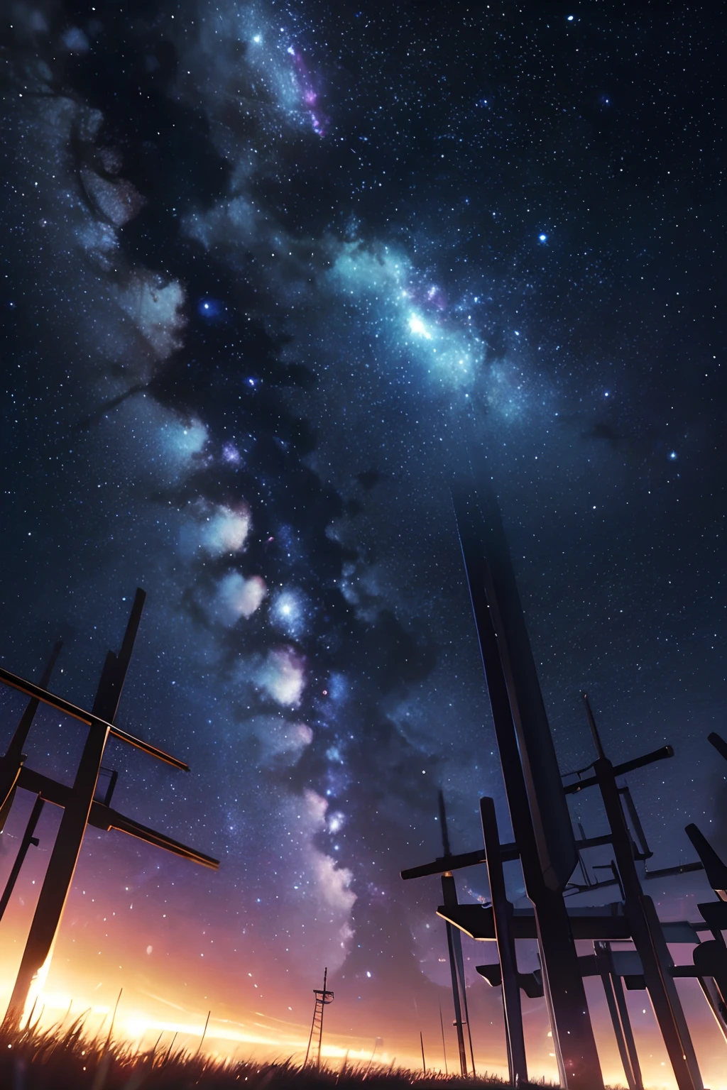 masterpiece、Background with((Fantastic starry sky、kosmos、Meteor swarm、black hole、Irridescent color))depth((planetes))、Seen from below