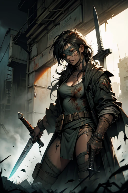 zombie lady justice, wearing blind fold, holding sword and scale, wearing robes, post apocalyptic, style of Simon Bisley.