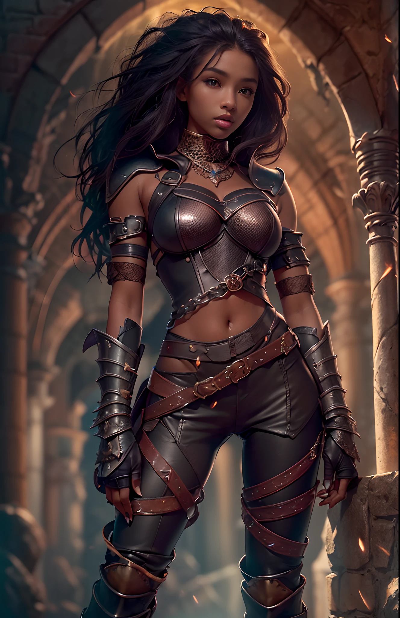 ((-yeld)))ack girl, (((light skin))), magical aura surrounding her, (((she is in a mysterious dark castle))), dusk, (((thigh gap))), (((close-up full body pose))), long black wavy hair, high heel boots, (((wearing torn leather armor))), (((Dungeons and Dragons style art))), fantasy art, Rich, Deep Colours, (intricate details:0.9), (HDR, hyper-detailing:1.2), (natural skin textures, hyper realisitc, soft light, Sharp),