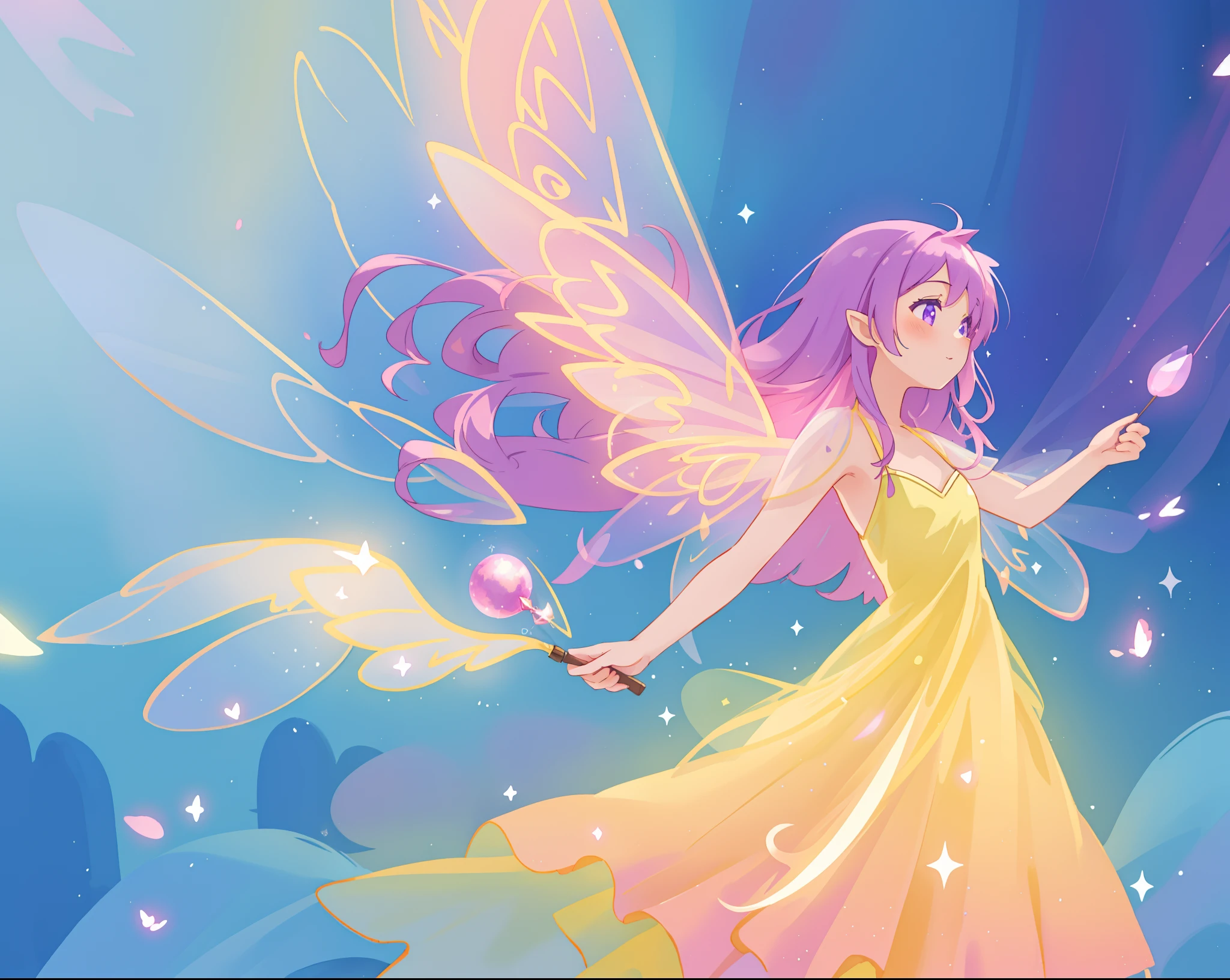 beautiful fairy girl in fluttering yellow dress, layered sparkling fairy dress, (huge sparkling pink fairy wings), long dark purple hair, fairy queen, ((magical colorful otherworldly background)), colorful fantasia background, (glowing fairy wings), glowing flowing ballgown, long hair, sparkling fairy wings, watercolor illustration, glowing aura around her, glowing lights, beautiful digital illustration, fantasia otherworldly background, beautiful, (masterpiece), best quality