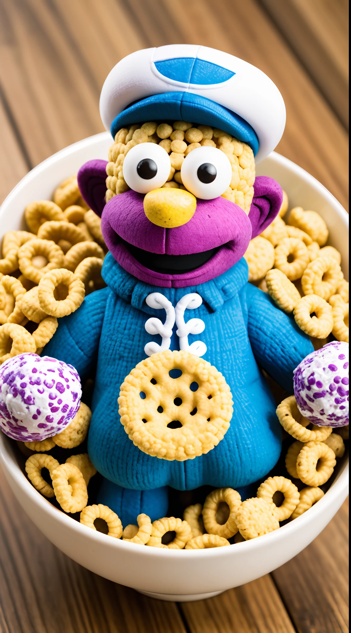 Make a fake and male cap'n crunch Mascot on either side of a bowl of cereal and the cereal is made of blue, purple, and pink balls