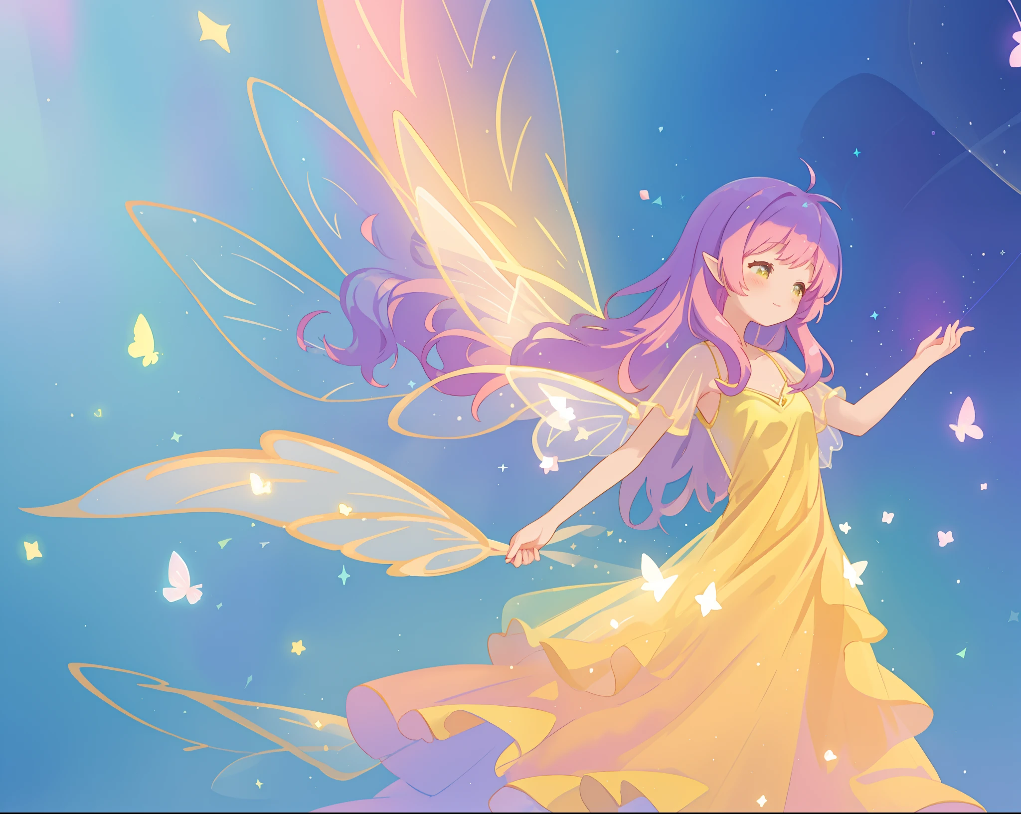 beautiful fairy girl in fluttering yellow dress, layered sparkling fairy dress, (huge sparkling pink fairy wings), long dark purple hair, fairy queen, ((magical colorful otherworldly background)), colorful fantasia background, (glowing fairy wings), glowing flowing ballgown, long hair, sparkling fairy wings, watercolor illustration, glowing aura around her, glowing lights, beautiful digital illustration, fantasia otherworldly background, beautiful, (masterpiece), best quality