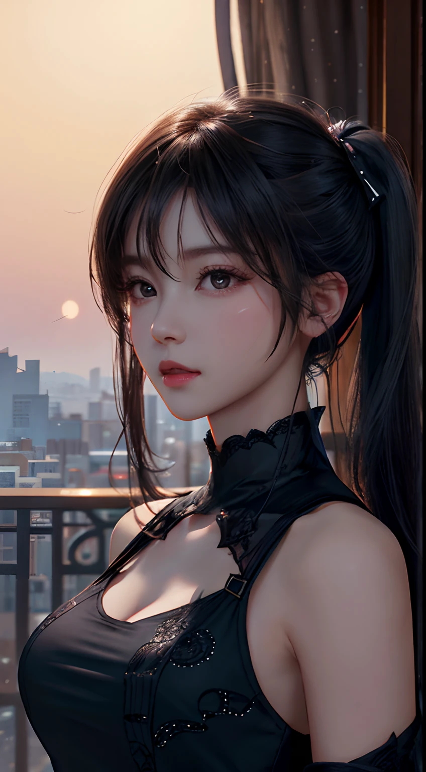 long eyelasher, solid circle eyes, pony tails, Hair is shiny and dark, Black eyes,Delicate faces, surrealism, shadowing, anaglyph, stereograms, angle of view, Atmospheric perspective, 8K, Super detail, ccurate, Best quality,1girll,On campus,mediuml breasts,black long dress