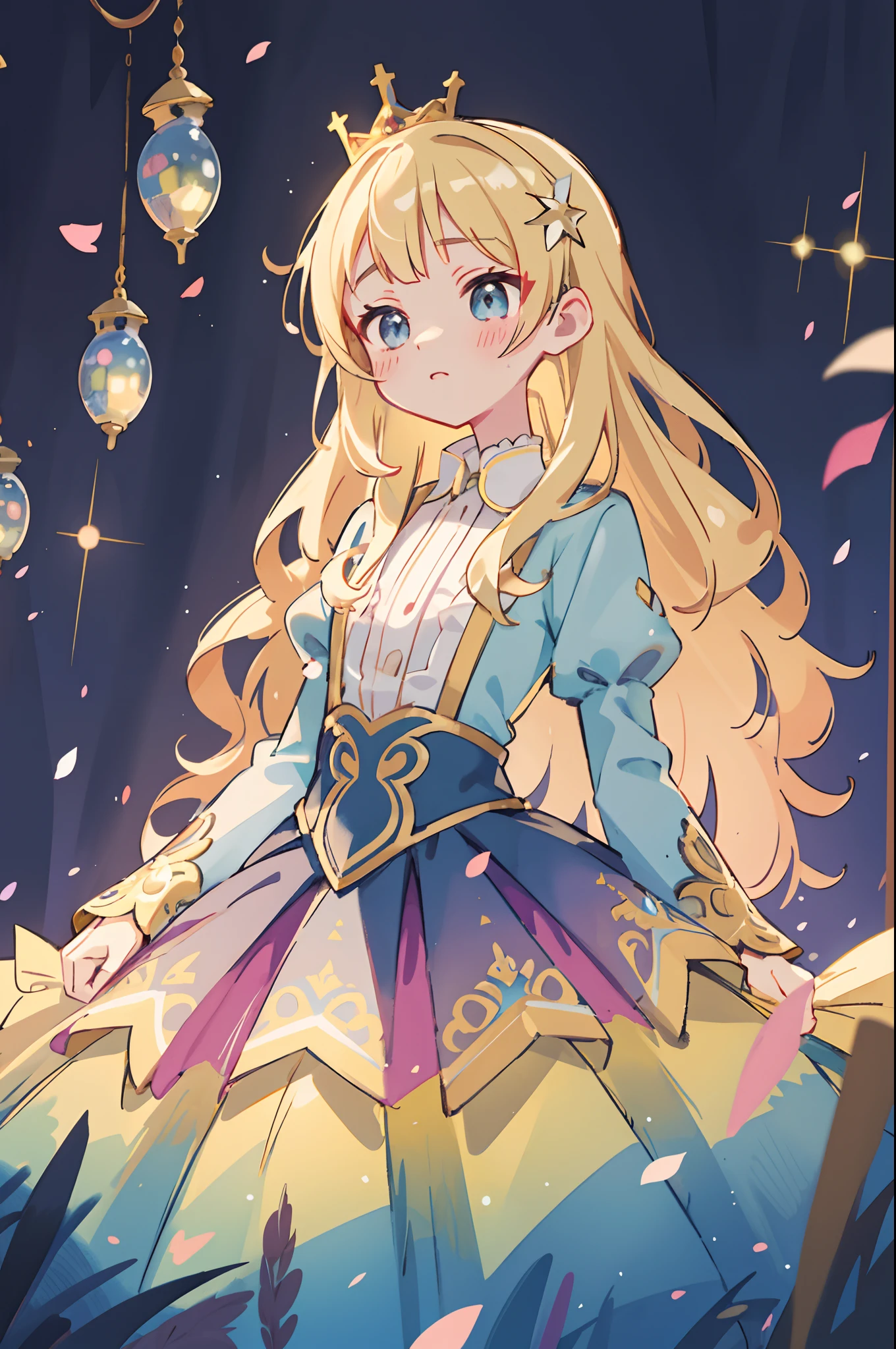 beautiful anime girl, princess, colorful fantasy princess layered ballgown, colorful rainbow layered ballgown dress, layered skirt that looks like petals, fantasia background, muted pastel colors, (masterpiece), best quality, sharp focus, intricate details, highly detailed, detailed dress design, sharp focus, high resolution, 8k resolution, beautiful face, golden ratio, perfection, perfect composition, sparkling eyes, highly detailed eyes, perfect face, beautiful, sparkling lights, dark background, cinematic lighting, long wavy blonde hair