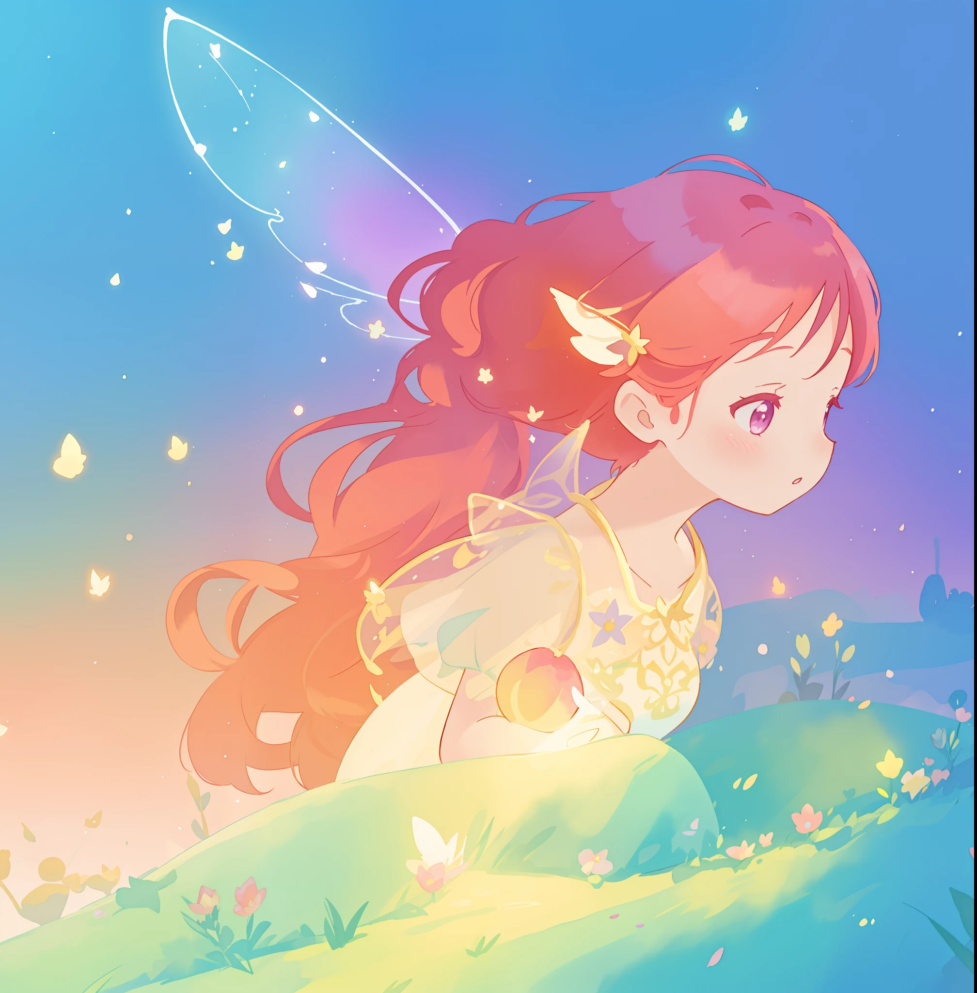 beautiful fairy girl in sparkling dress, glowing ballgown, long red peach hair, colorful fantasia background, fairy wings watercolor illustration, disney art style, glowing aura around her, glowing lights, beautiful digital illustration, fantasia otherworldly landscape plants flowers, beautiful, masterpiece, best quality, anime disney style