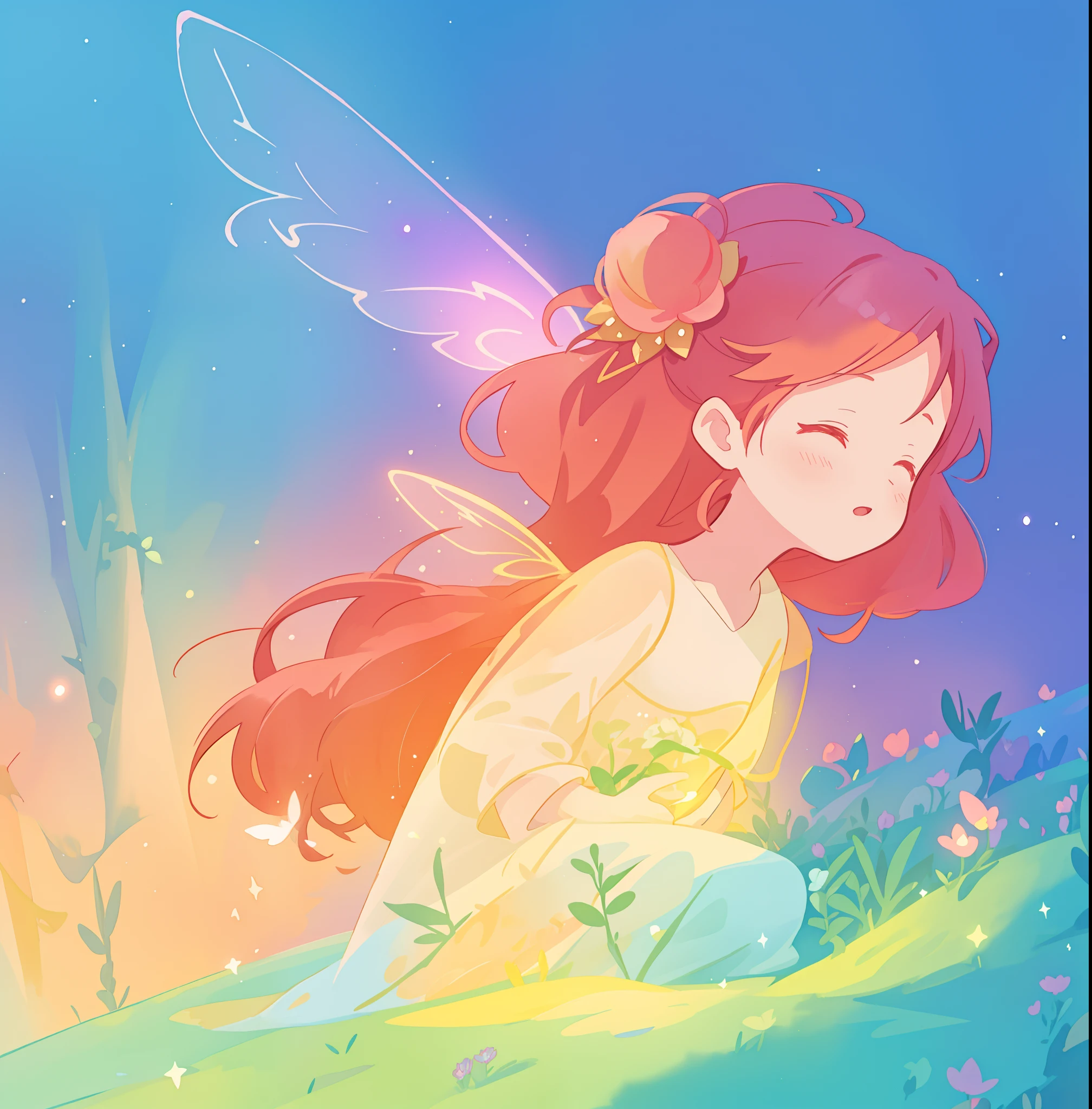 beautiful fairy girl in sparkling dress, glowing ballgown, long red peach hair, colorful fantasia background, fairy wings watercolor illustration, disney art style, glowing aura around her, glowing lights, beautiful digital illustration, fantasia otherworldly landscape plants flowers, beautiful, masterpiece, best quality, anime disney style