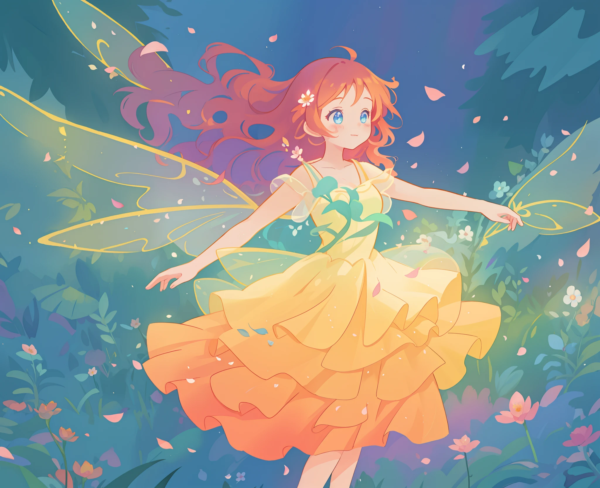 beautiful girl in tiered gradient ballgown dress, gradient warm color ballgown, ((layered flower petal skirt)), fairy dress, fairy queen, magical forest background, (glowing fairy wings), glowing flowing ballgown, long wavy hair, sparkling fairy wings, watercolor illustration, flowers and colorful plants, inspired by Glen Keane, inspired by Lois van Baarle, disney art style, by Lois van Baarle, glowing aura around her, by Glen Keane, jen bartel, glowing lights! digital painting, flowing glowing hair, glowing flowing hair, beautiful digital illustration, fantasia otherworldly landscape plants flowers, beautiful, masterpiece, best quality, anime disney style