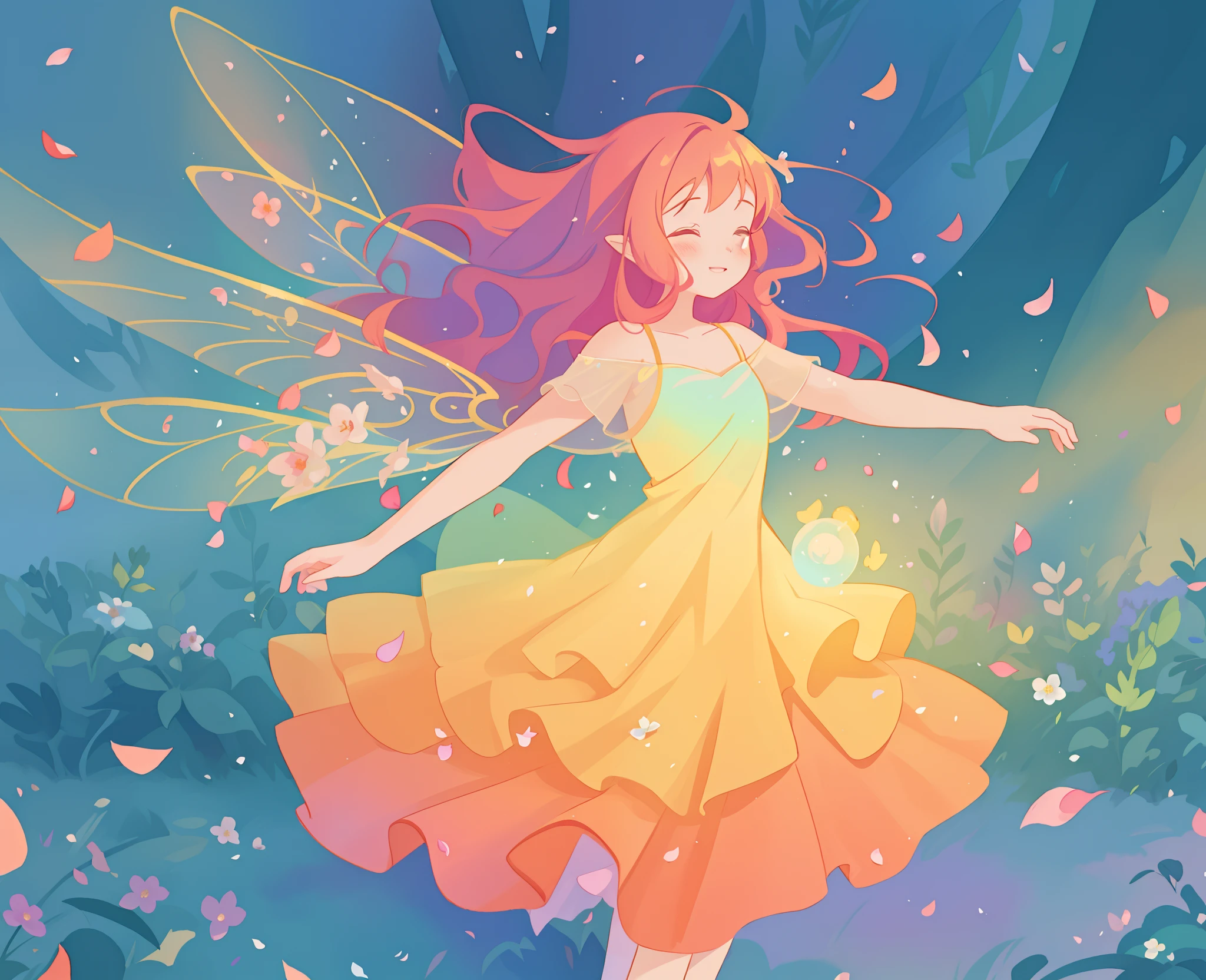 beautiful girl in tiered gradient ballgown dress, gradient warm color ballgown, ((layered flower petal skirt)), fairy dress, fairy queen, magical forest background, (glowing fairy wings), glowing flowing ballgown, long wavy hair, sparkling fairy wings, watercolor illustration, flowers and colorful plants, inspired by Glen Keane, inspired by Lois van Baarle, disney art style, by Lois van Baarle, glowing aura around her, by Glen Keane, jen bartel, glowing lights! digital painting, flowing glowing hair, glowing flowing hair, beautiful digital illustration, fantasia otherworldly landscape plants flowers, beautiful, masterpiece, best quality, anime disney style