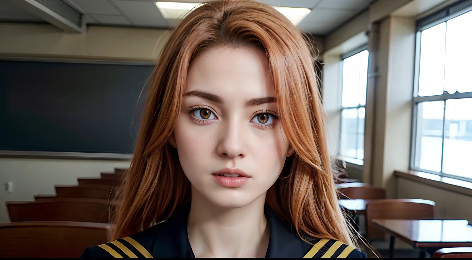 YuzuhaShiba, girl, slim, yellow-orange eyes, medium-length ginger hair, narrowly shaped eyebrows, ginger hair, black sailor uniform, classroom, detailed face, extremely beautiful face, beauty, exquisite face