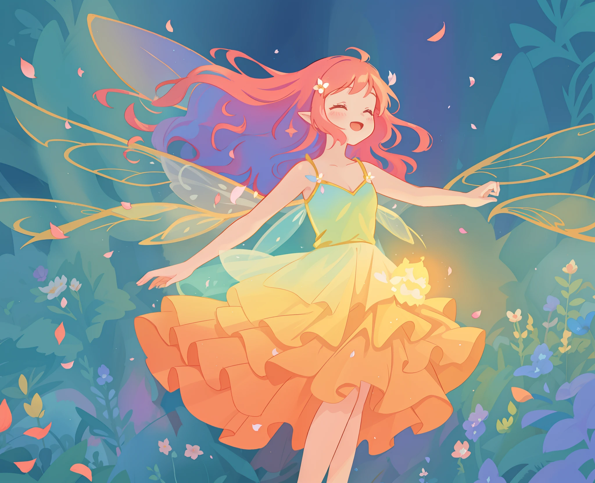 beautiful girl in tiered gradient ballgown dress, gradient warm color ballgown, ((layered flower petal skirt)), fairy dress, fairy queen, magical forest background, (glowing fairy wings), glowing flowing ballgown, long wavy hair, sparkling fairy wings, watercolor illustration, flowers and colorful plants, inspired by Glen Keane, inspired by Lois van Baarle, disney art style, by Lois van Baarle, glowing aura around her, by Glen Keane, jen bartel, glowing lights! digital painting, flowing glowing hair, glowing flowing hair, beautiful digital illustration, fantasia otherworldly landscape plants flowers, beautiful, masterpiece, best quality, anime disney style