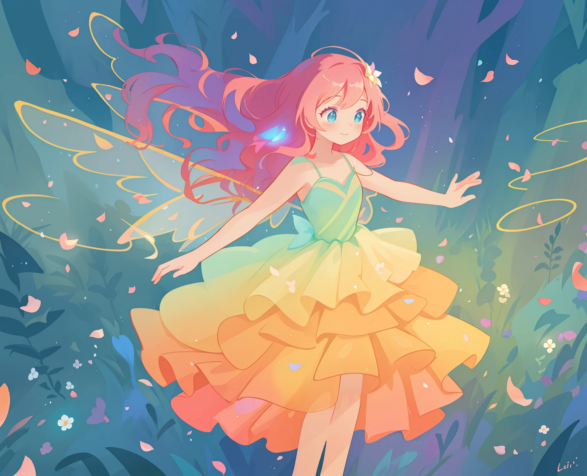 beautiful girl in tiered gradient ballgown dress, gradient warm color ballgown, ((layered flower petal skirt)), fairy dress, fairy queen, magical forest background, (glowing fairy wings), glowing flowing ballgown, long wavy hair, sparkling fairy wings, watercolor illustration, flowers and colorful plants, inspired by Glen Keane, inspired by Lois van Baarle, disney art style, by Lois van Baarle, glowing aura around her, by Glen Keane, jen bartel, glowing lights! digital painting, flowing glowing hair, glowing flowing hair, beautiful digital illustration, fantasia otherworldly landscape plants flowers, beautiful, masterpiece, best quality, anime disney style