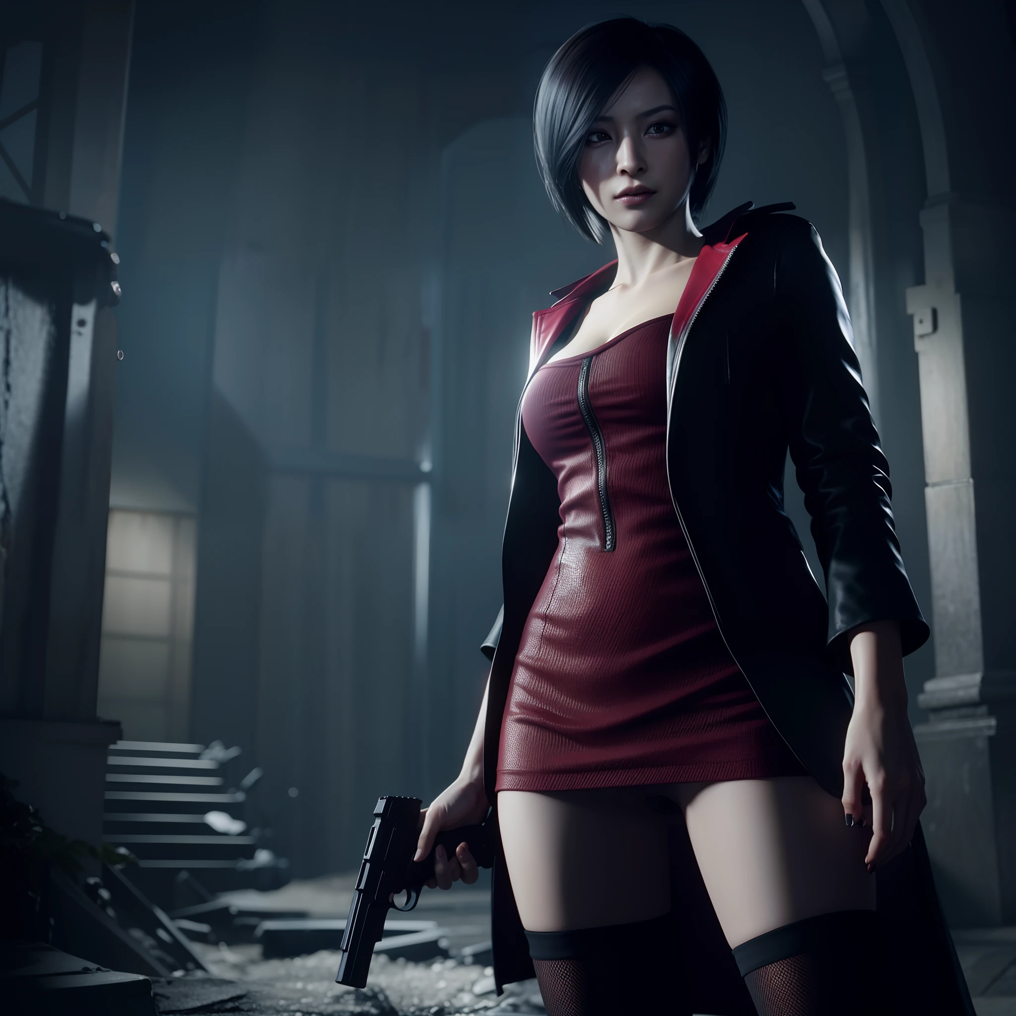 HD, ada wong, beautiful face, bob hair, red coat with black nail polish, glare, holding a gun