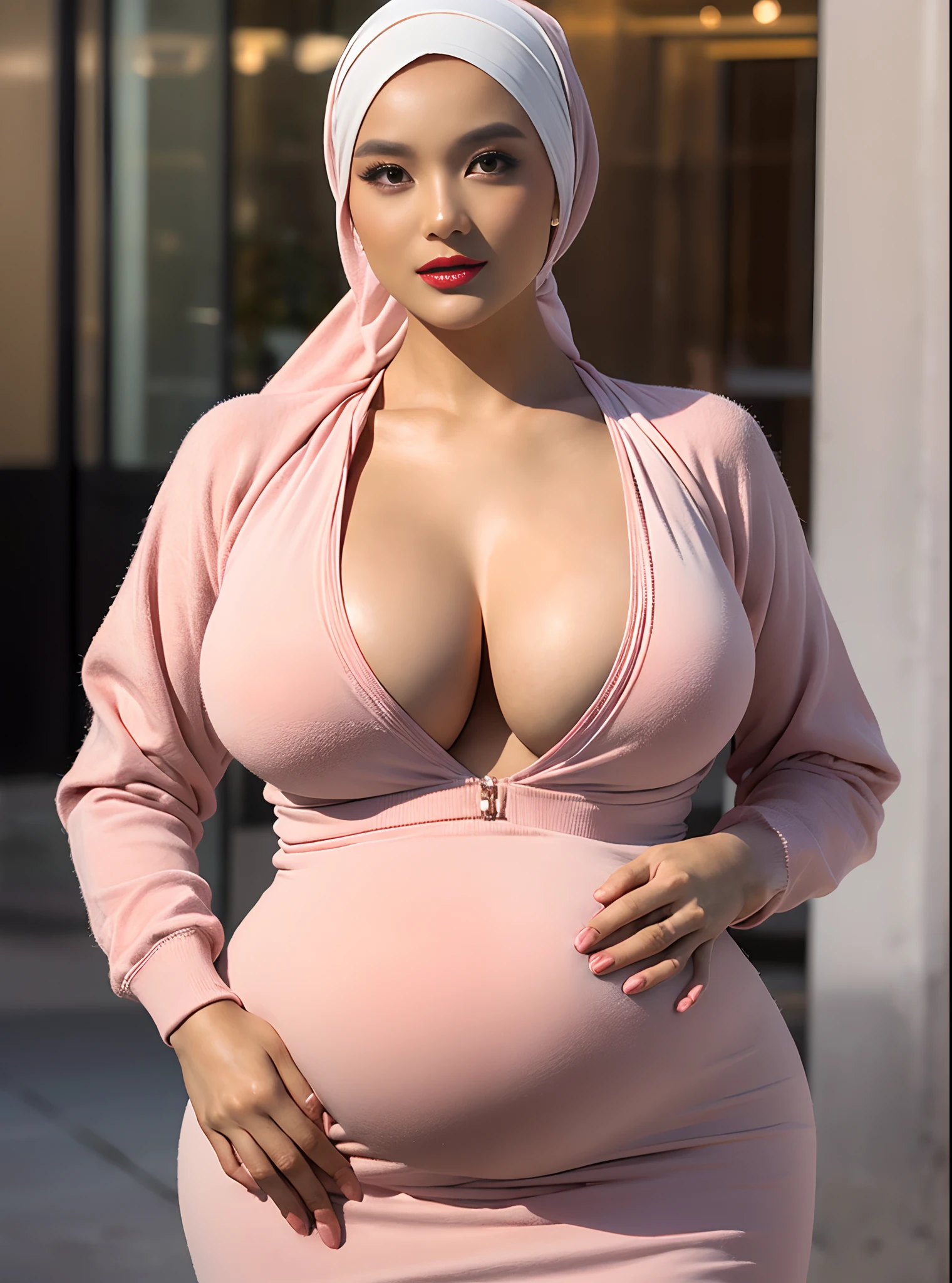 (Best quality, high resolution, masterpiece: 1.3), a beautiful malay woman in hijab, gigantic breasts, slim figure, sweatshirt, beautifully presented details in the street and facial and skin texture, detailed eyes, double eyelids, big eyeschest visible, shirt openfeatures), HDR, 8k resolution, nice fingers, firm skin, (((high detail skin, visible pores))), 1 female, tall body, 30 years old,  holding a luxurious handbag(ultra Gigantic Breasts:1.3, heavy hanging breasts, perfect round shape breast), wearing Floral golden Silk Tight Malay Gamis Pastel Close Up Tight Hijab, big busty red lips, (red lip gloss, jet red lipstick), Full Body, Beautiful Shy Smile, Wearing High Heels, In Lux, wearing deep_v-neck_dress, photorealistic, 1girl, pregnant,  Makeup, latina, (hijab1.3)