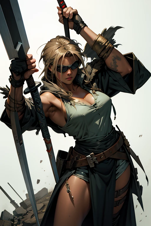 (((1girl))), long-yellow hair, blue-eye, light-skinned, white-skinned, muscular, smiley, Elf ears