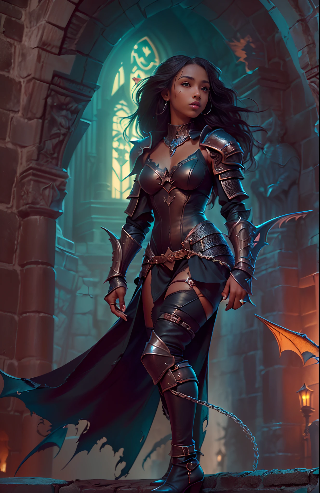 ((-yeld)))ack girl, (((light skin))), magical aura surrounding her, ((( mysterious dark castle looming behind her))), (((gargoyles flying around)))dusk, (((thigh gap))), (((close-up full body pose))), long black wavy hair, high heel boots, (((wearing torn leather armor))), (((Dungeons and Dragons style art))), fantasy art, Rich, Deep Colours, (intricate details:0.9), (HDR, hyper-detailing:1.2), (natural skin textures, hyper realisitc, soft light, Sharp),