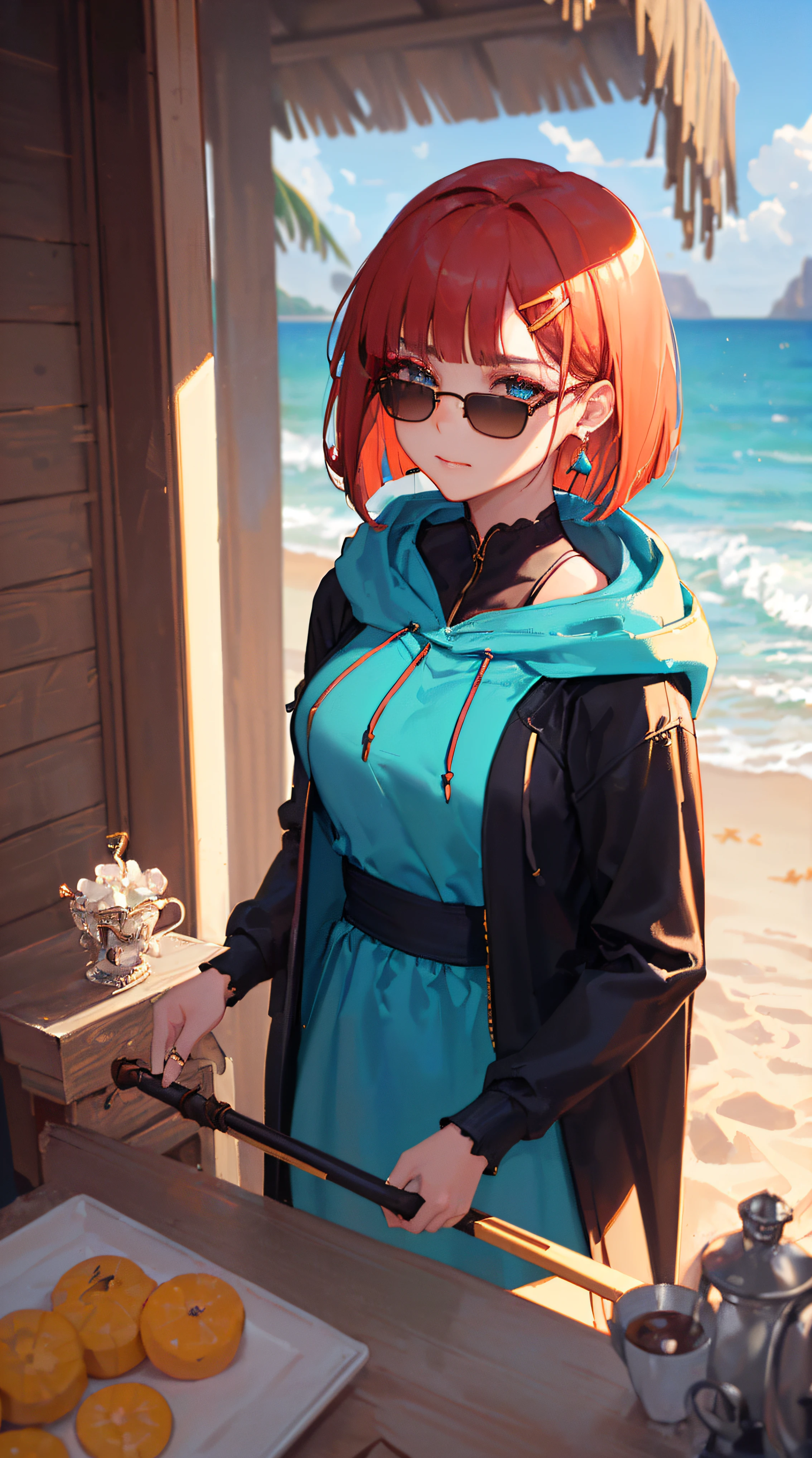 ((((summer theme,meticulous portrayal of face，1 noblewoman，a matural female，))))(blue dress long dress，)(dark night background+,perfect background)，Prom，Court etiquette，  s the perfect face， Perfect lips， perfect  eyes,)(((oasis style,red hair,see-through cloak,large hoodie,sunglasses on head)))，((1lady,adorable korean mixed race of Saudi Arabia girl，rosto magro，Solo,smokey makeup,smug,))(Masterpiece,Best quality, offcial art, Beautiful and aesthetic:1.2),((超高分辨率,Golden ratio,)) (16k),((((coast,beach,intense shadows,strong rim light,))))((melon face，from above，1JK,ring bells,candy sticks)),(Physically-based rendering),Amazing,Sharp focus, (((highdetailskin,))),Intricately detailed clothing，red pupils,Hexagram pupils,intricate pupils,((((detailed hair|short hair|long bangs|blunt bangs)))),((Slender,))(masterpiece sidelighting),(The sheen),(beautiful hair,beautiful eyes,）[[Delicate fingers and hands:0.55]::0.85],(Detail fingers),(((Superior quality)))),((unbelievable Ridiculous,)),((extremely_Detailed_Eyes_and_face)),Movie girl,(Dynamic configuration: 1.2),Brilliant,Beautiful lady, (Photorealistic),( maple,), mitts, triangle crystal earrings, ((hairclip)), Light particles, view to the sky,  petals, Side Rock,, two-sided fabric