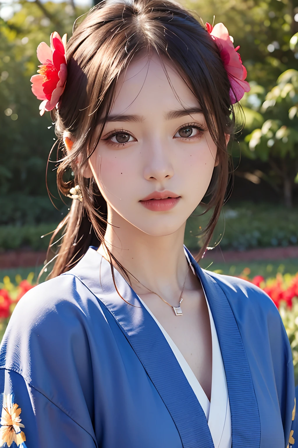 1girl,Flower Field, sun lighting, upper body, Close-up, 8k, RAW photo, bestquality, master-piece, lifelike, photo-realistic,kimono