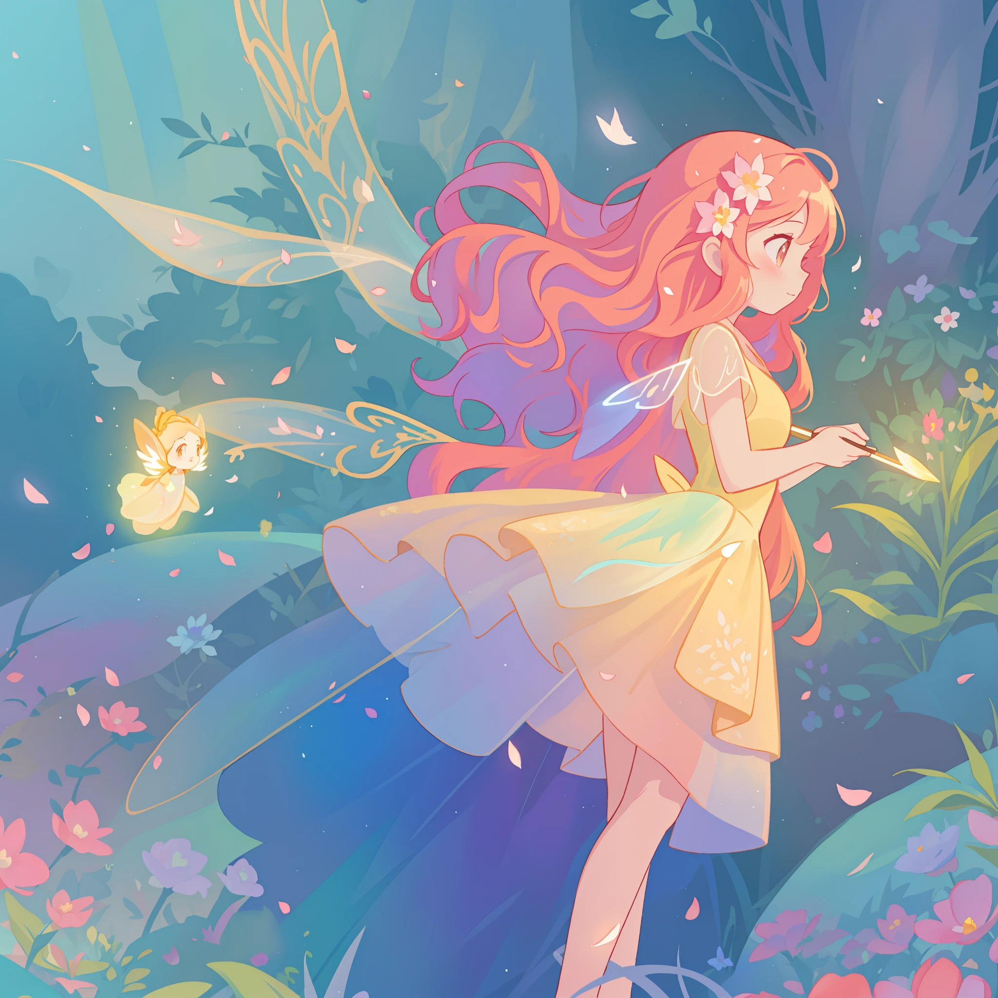 beautiful girl in tiered gradient ballgown dress, gradient colorful dress, ((layered flower petal skirt)), fairy dress, fairy queen, magical forest background, (glowing fairy wings), glowing flowing ballgown, long wavy hair, sparkling fairy wings, watercolor illustration, flowers and colorful plants, inspired by Glen Keane, inspired by Lois van Baarle, disney art style, by Lois van Baarle, glowing aura around her, by Glen Keane, jen bartel, glowing lights! digital painting, flowing glowing hair, glowing flowing hair, beautiful digital illustration, fantasia otherworldly landscape plants flowers, beautiful, masterpiece, best quality, anime disney style