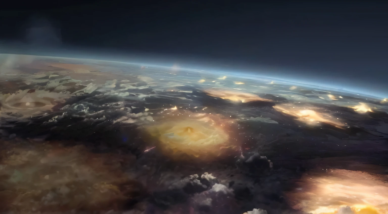 um close up de um planeta com muitas nuvens e uma luz brilhante, VFX, Efeitos visuais impressionantes, Shooting from space, nuclear explosion from space, Tiro VFX, asteroids realistic cinematic, atmospheric halos of the parhelion, Asteroid belt in the distance, renderização vfx hiperrealista, 8k vfx render, VFX rendering, planetas colidindo, epic vfx shot