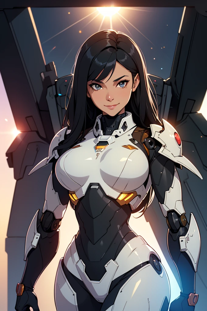 (((muscular girl thick large breasts toned body))) sad frown girl black hair yellow eyes pale skin mecha mecha mecha mecha mecha mecha mecha bodysuit