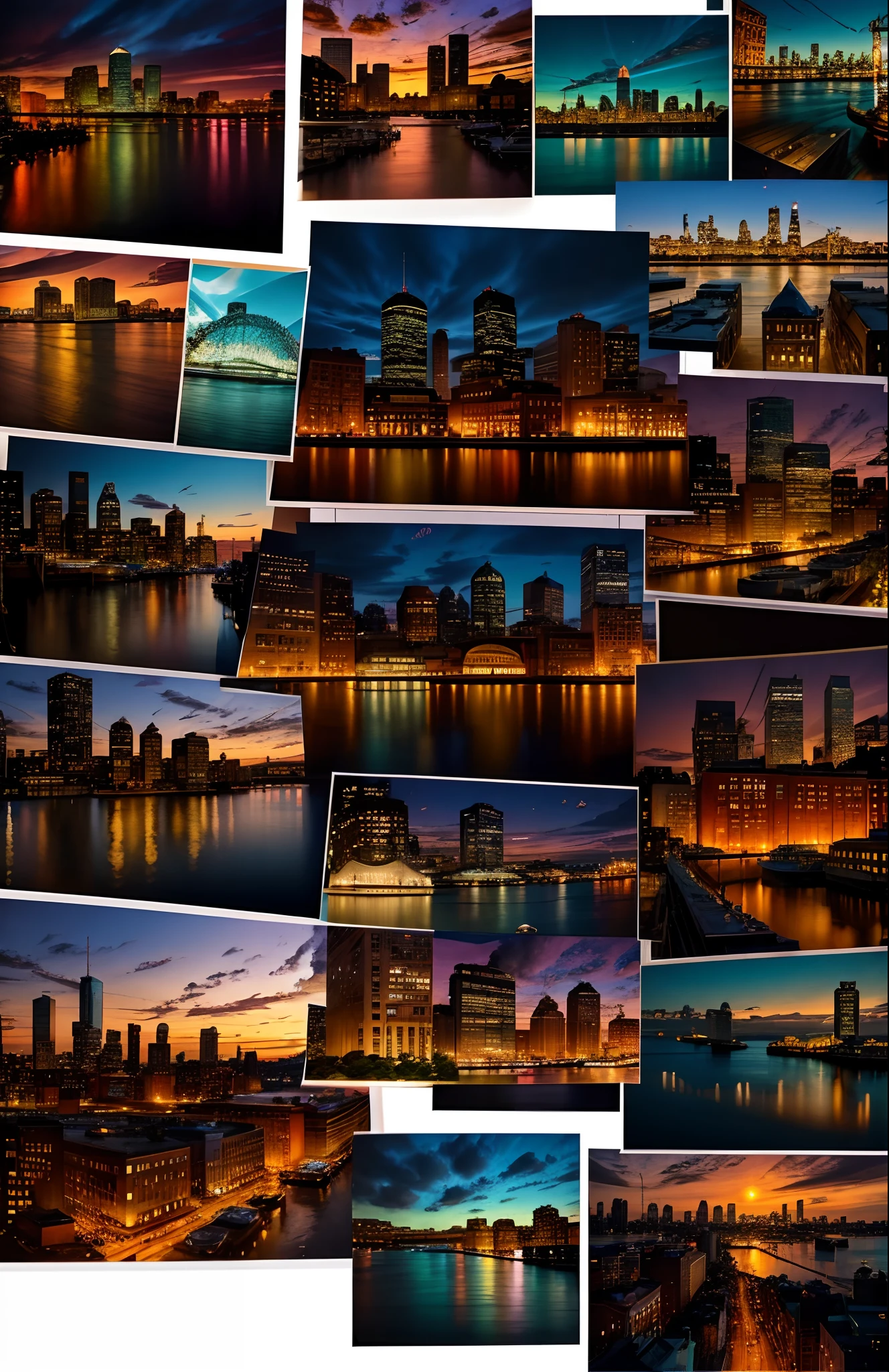 Mood board based on the city Boston with 15 pictures of the city and buildings, WITH A COLOR PALATE CONTAINING 5 COLORS ON THE SIDE