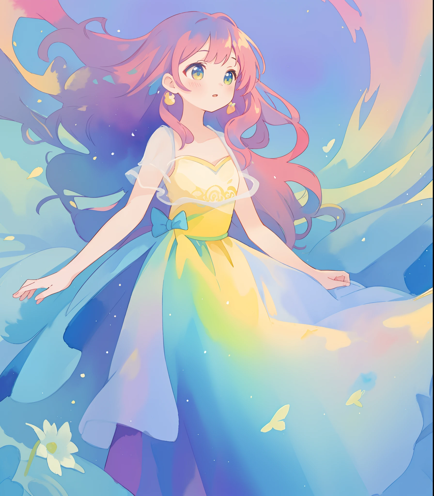 beautiful girl in flowing colorful gradient ballgown, puffy multi-layered ballgown, long flowing colorful hair, vibrant pastel colors, colorful, watercolor illustration, masterpiece, best quality, sharp focus, intricate detail, highly detailed, 8k resolution, beautiful face, golden ratio, perfection, fantasia background, otherworldly, whimsical, magical