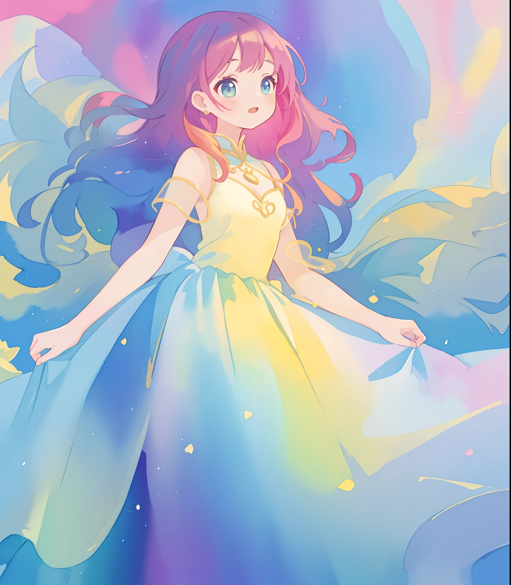 beautiful girl in flowing colorful gradient ballgown, puffy multi-layered ballgown, long flowing colorful hair, vibrant pastel colors, colorful, watercolor illustration, masterpiece, best quality, sharp focus, intricate detail, highly detailed, 8k resolution, beautiful face, golden ratio, perfection, fantasia background, otherworldly, whimsical, magical