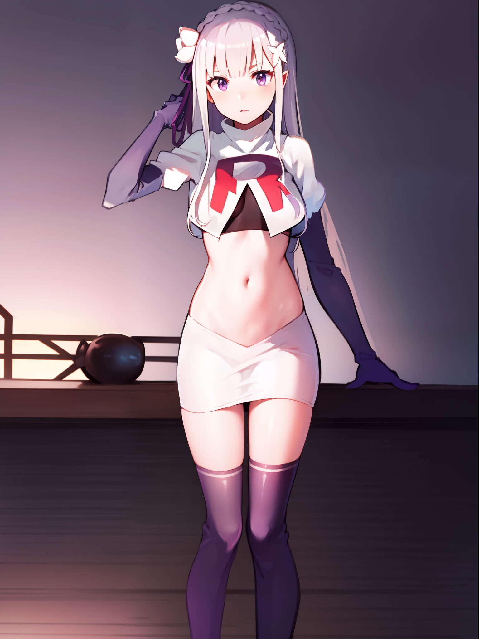 rezeroemilia, emilia, braid, crown braid, flower, hair flower, hair ornament, hair ribbon, long hair, low-tied long hair, (purple eyes:1.2), pointy ears, white flower, x hair ornament,team rocket,team rocket uniform,white skirt,crop top,black thigh-high boots,black elbow gloves,