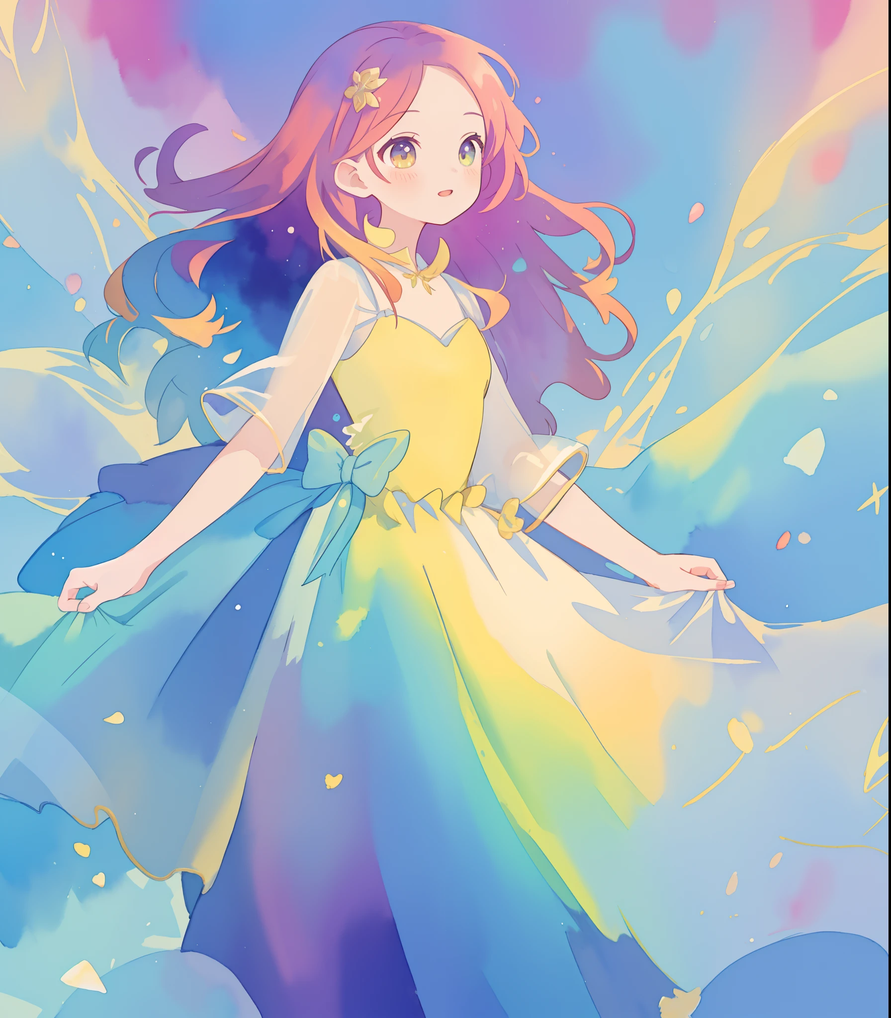 beautiful girl in flowing colorful gradient ballgown, puffy multi-layered ballgown, long flowing colorful hair, vibrant pastel colors, colorful, watercolor illustration, masterpiece, best quality, sharp focus, intricate detail, highly detailed, 8k resolution, beautiful face, golden ratio, perfection, fantasia background, otherworldly, whimsical, magical